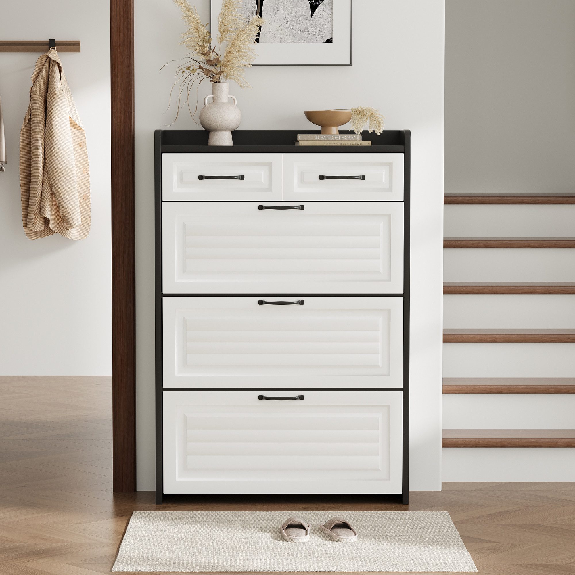 Merax Schuhkipper Schuhschrank mit 3 Klappen und 2 Schubladen, Schmal Schuhregal (1 St), Schuhkommode mit schubladen, Schuhregal Landhaus