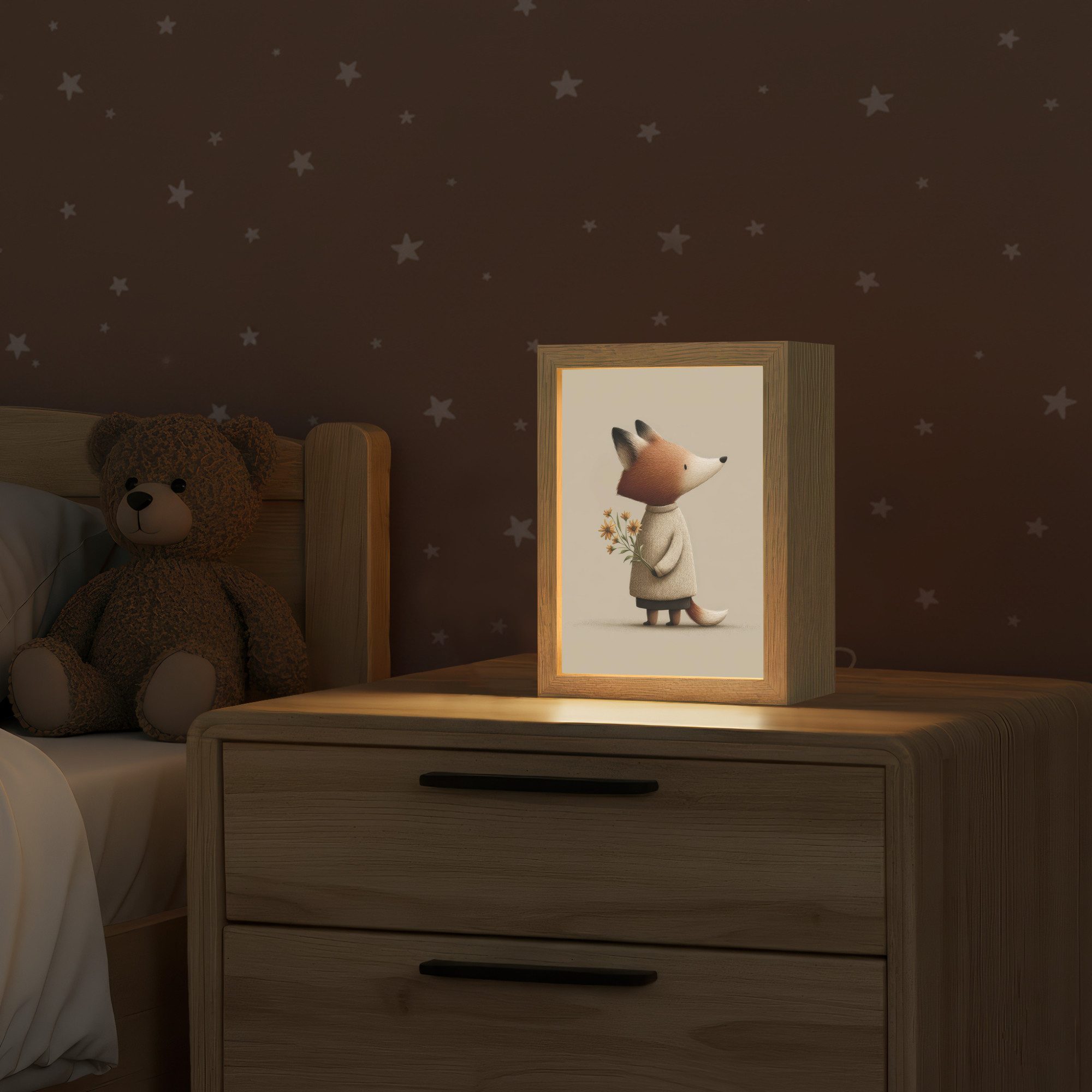 OnlyWow Nachttischlampe Lightbox Fuchs - Gelbe Blumen - Minimalistisch - Jungen, Dimmbar, Farbwechsel, LED, Warmweiß, Kaltweiß, Neutralweiß Einstellbar, Kinderzimmer, Babyzimmer, Dimmbar, mit Kabel, Nachtlampe, LED