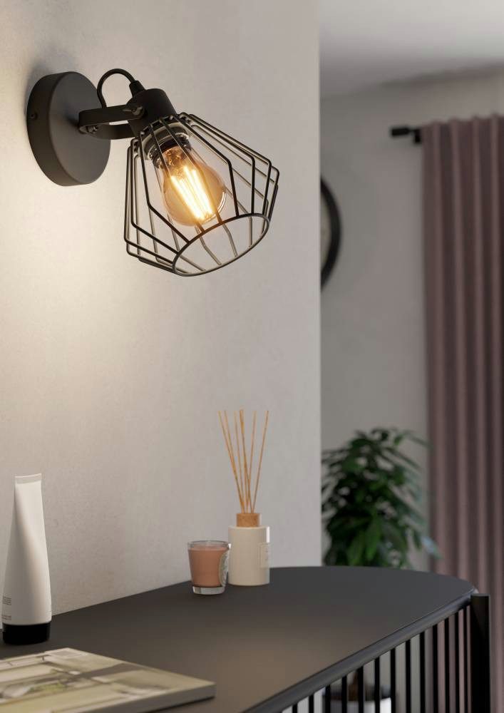 EGLO Deckenspot TABILLANO Wandlampe, Flurlampe, Wohnzimmerlampe, Metall, schwarz, E27, ohne Leuchtmittel, Wandleuchte, Vintage, Industrial, modern, Drahtgestell, 11cm