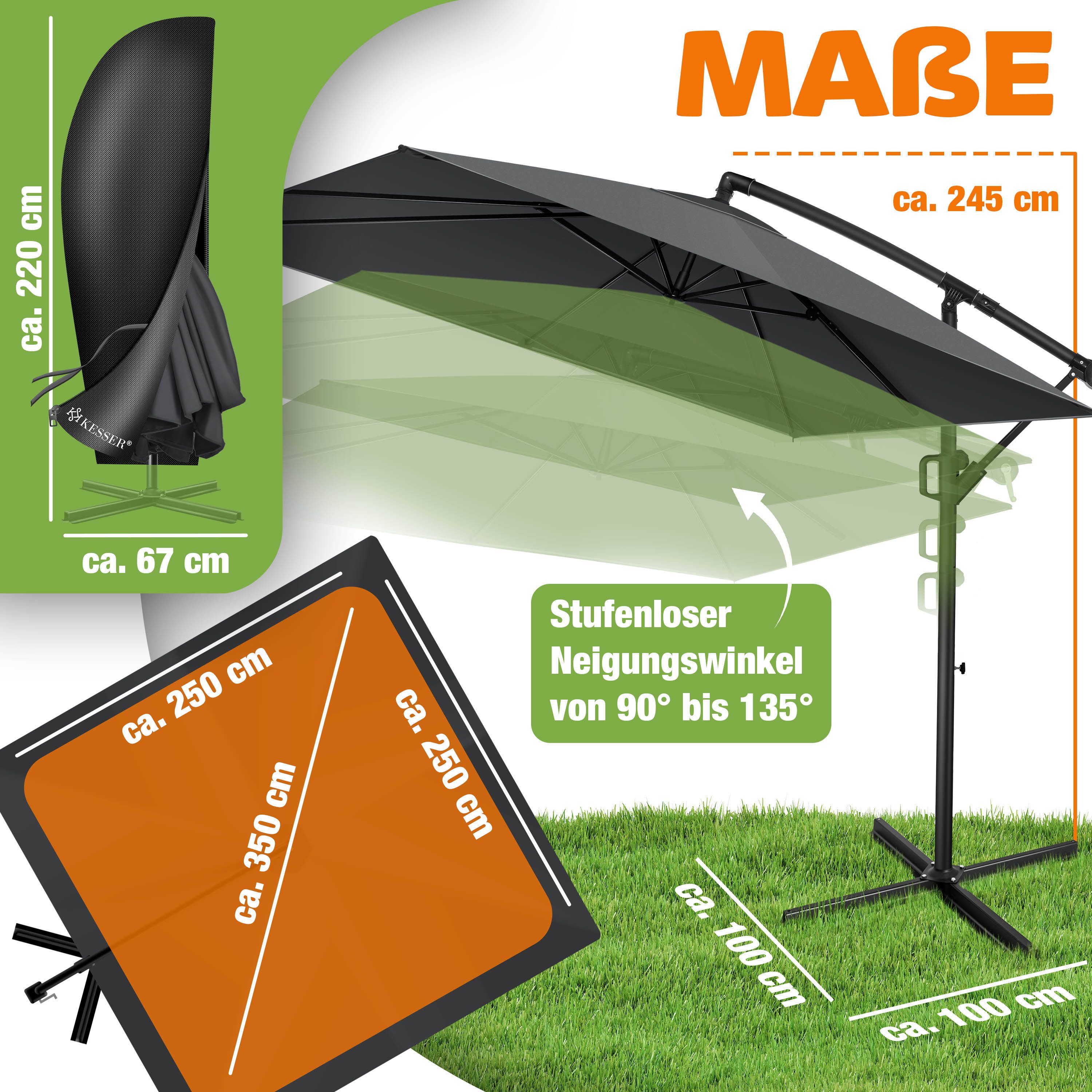 KESSER Ampelschirm, Ø350cm Sonnenschirm inkl. Abdeckung & Wind- & wetterfest