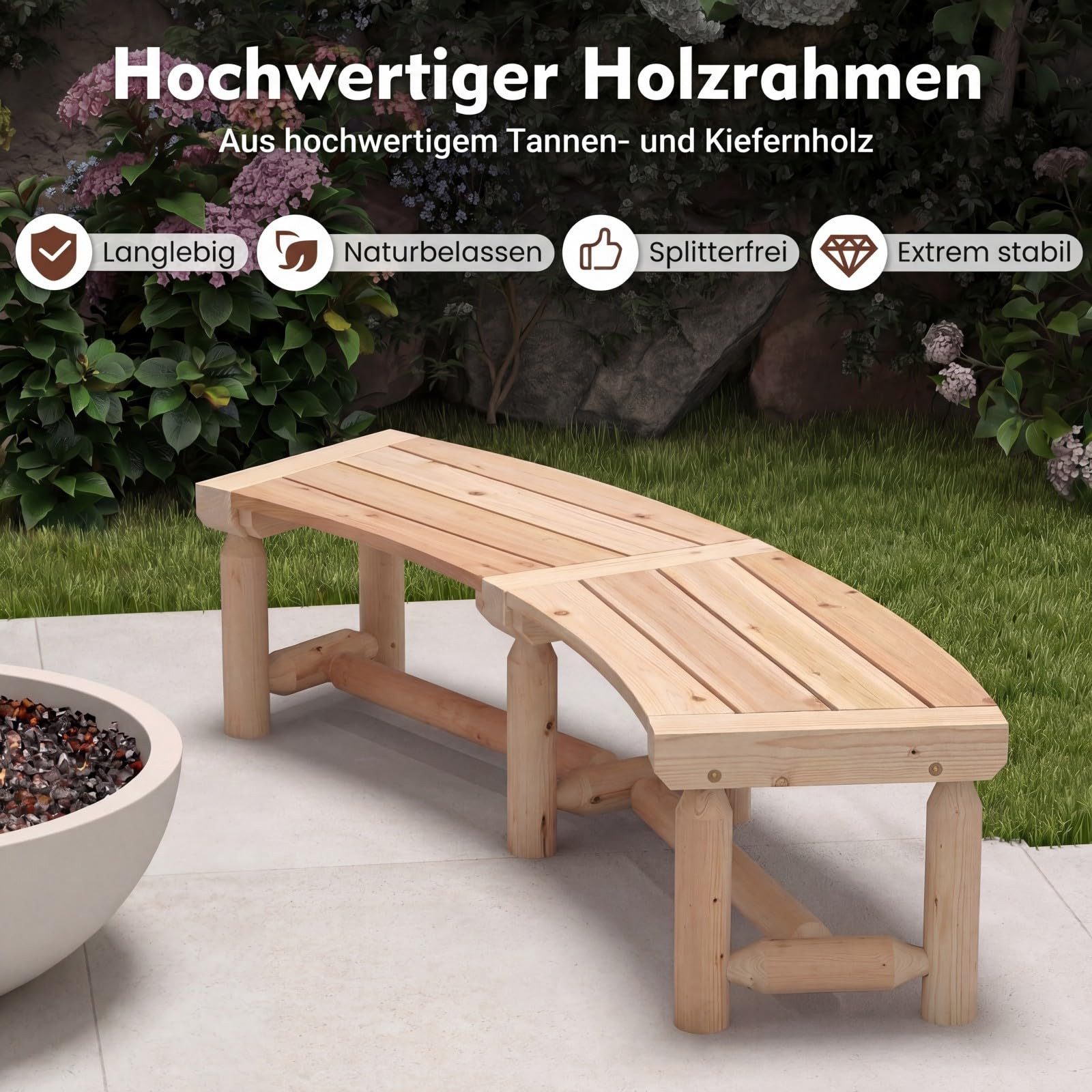 COSTWAY Gartenbank, gebogene Holzbank für 2-3 Sitzer, 139 x 36 x 41cm