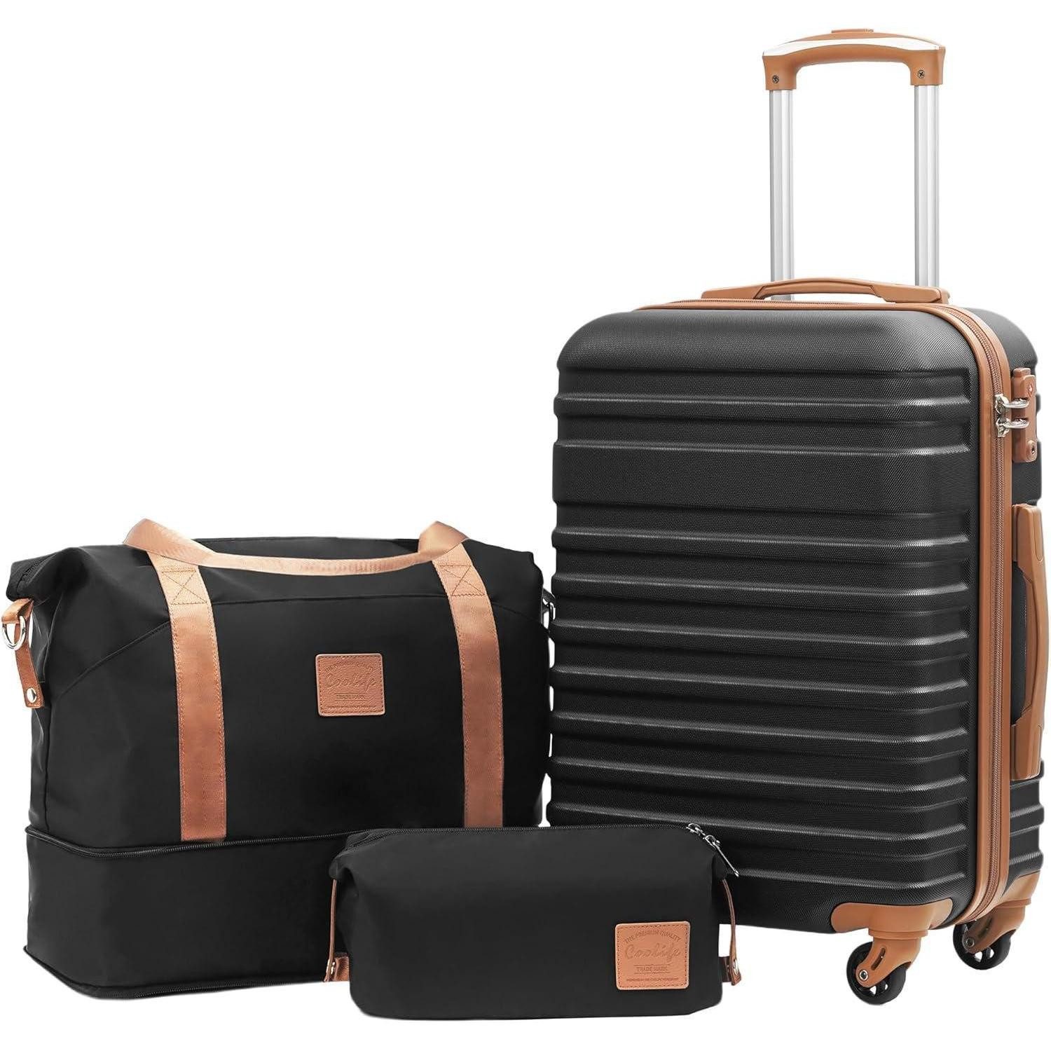 LuxusKollektion Trolleyset Hartschalen Koffer Trolley Set 3tlg Schwarz Braun TSA Schloss