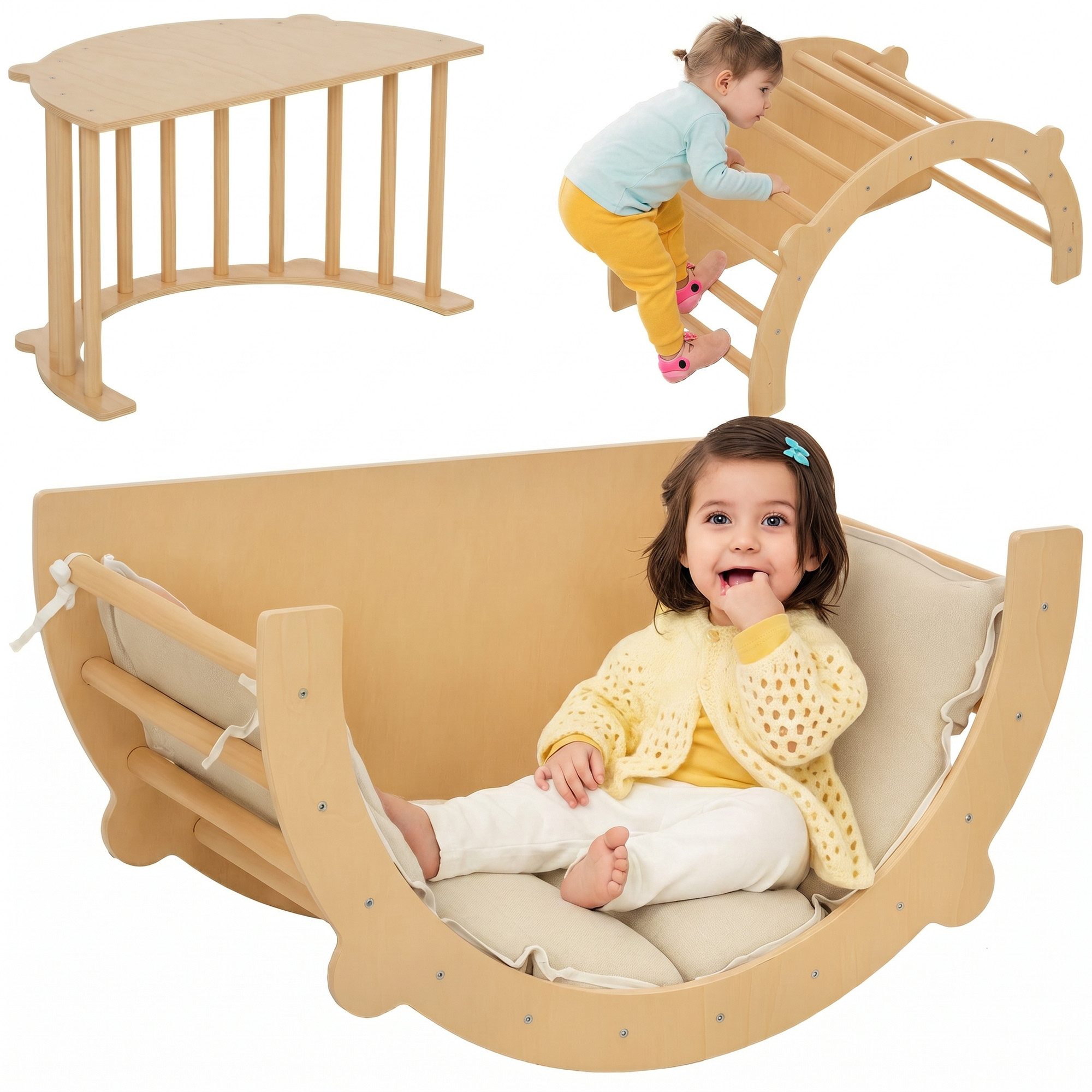 AIYAPLAY Klettergerüst 3-in-1 Montessori Spielplatz mit Tischplatte, Matte, (Kletterspielzeug, 1-St., Kletterbogen zum Rutschen und Klettern), aus Holz, für Kinder 1.5-4 Jahre, Indoor, Naturholz