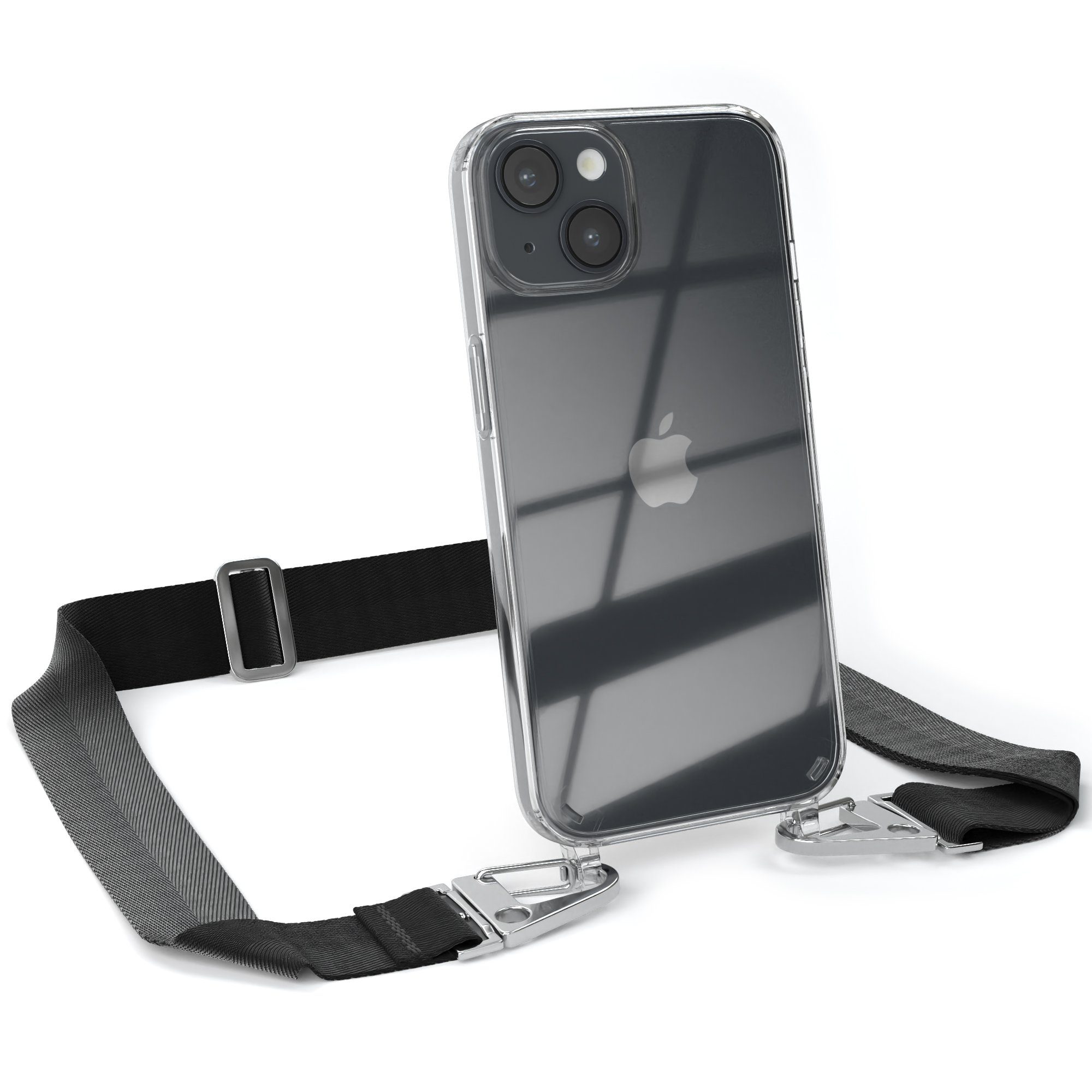 EAZY CASE Handykette Silikon Kette Karabiner für Apple iPhone 14 6,1 Zoll, Schutzhülle zum Umhängen Handyhülle mit Umhängeband Schwarz Silber