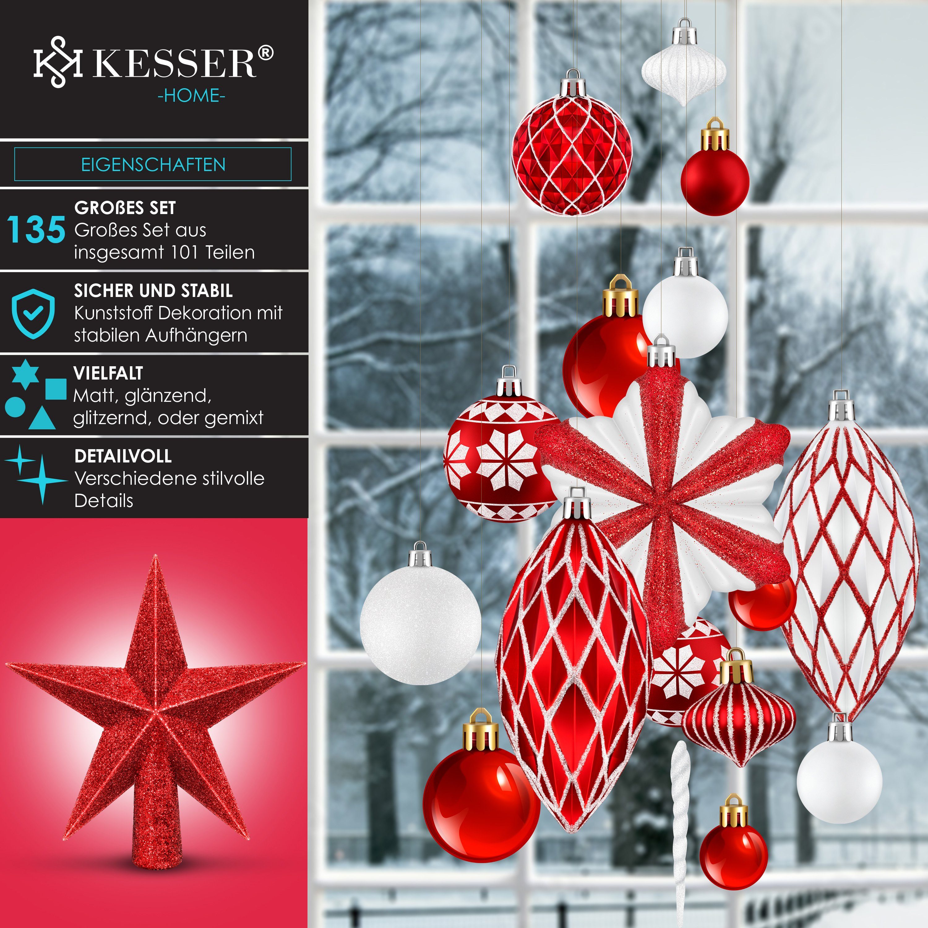 Set KESSER / rot Christbaumschmuck Weihnachtskugeln (135-tlg), 105-teiliges Baumspitze Christbaumkugeln weiß