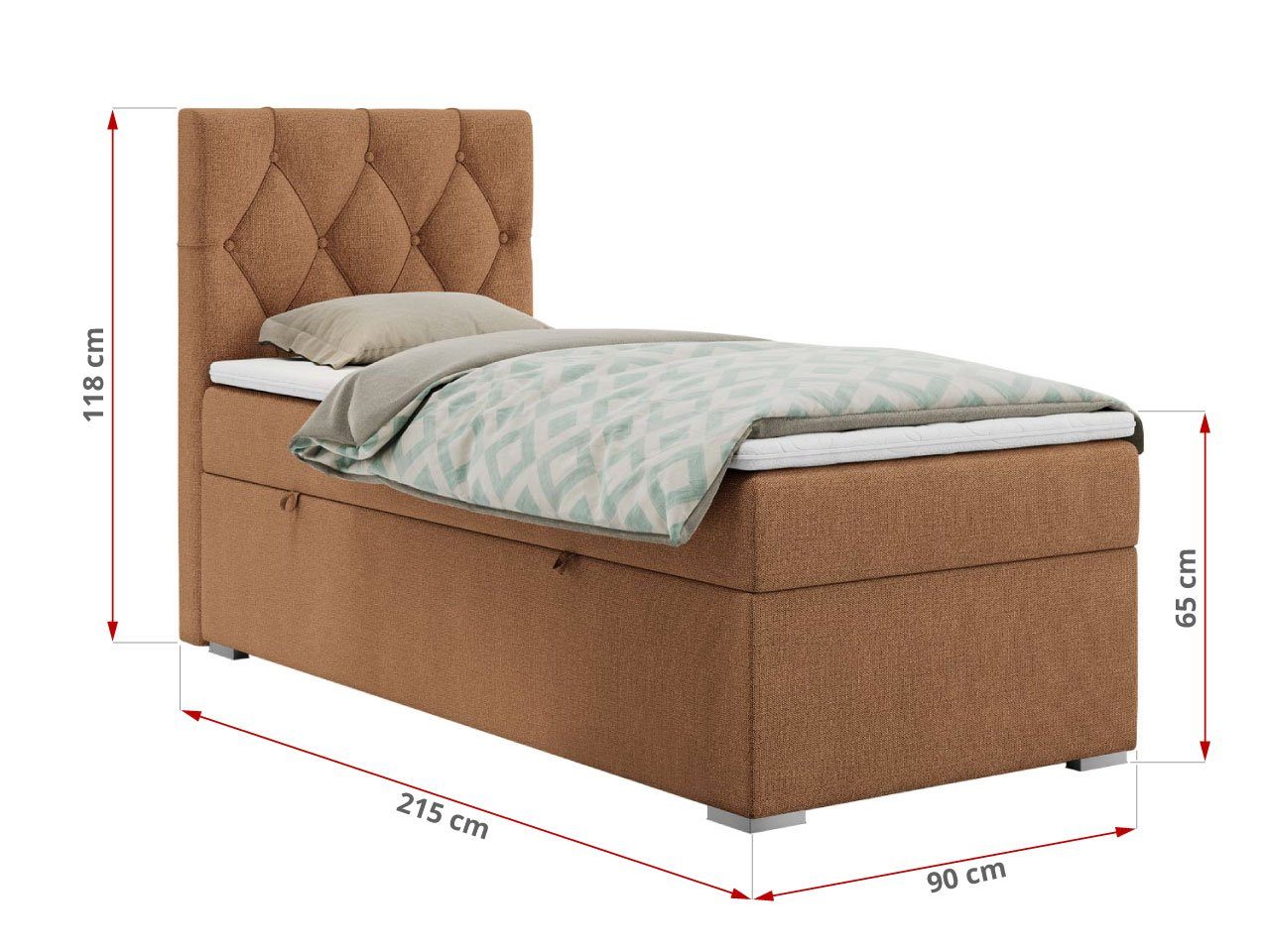 Einzelbett mit Boxspringbett MKS einem Kopfteil ALDA, und MÖBEL 90x200 gestepptem Bettkasten,