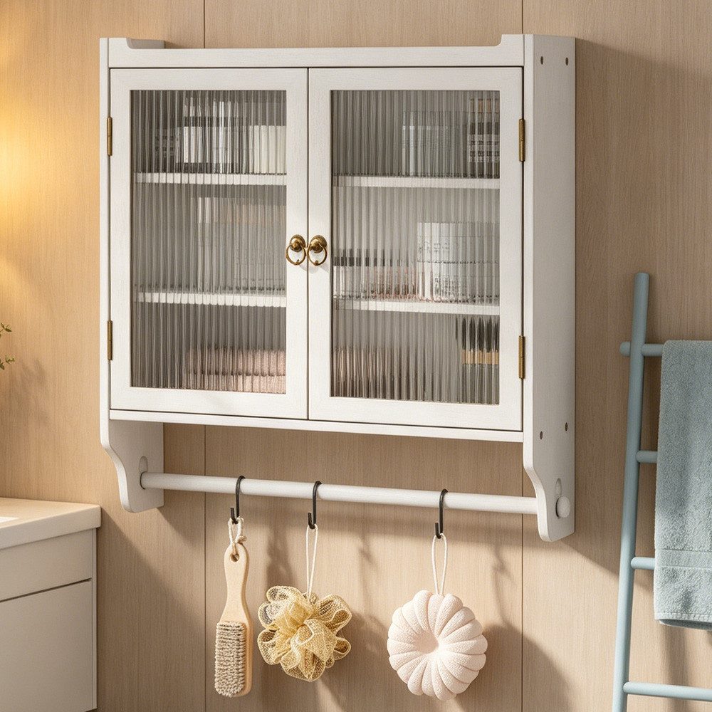 MODFU Hängeschrank Zweitüriger Wandschrank 70 cm,Stauraumschrank Hängevitrine (Vintage Glas-Wandregal mit Doppelglastüren und 3 Regalen – Wandmontage für Badezimmer, Küche, Esszimmer – Praktischer Handtuchhalter und Stauraum in Naturholzoptik) Gewichtskapazität: 5 kg pro Regal