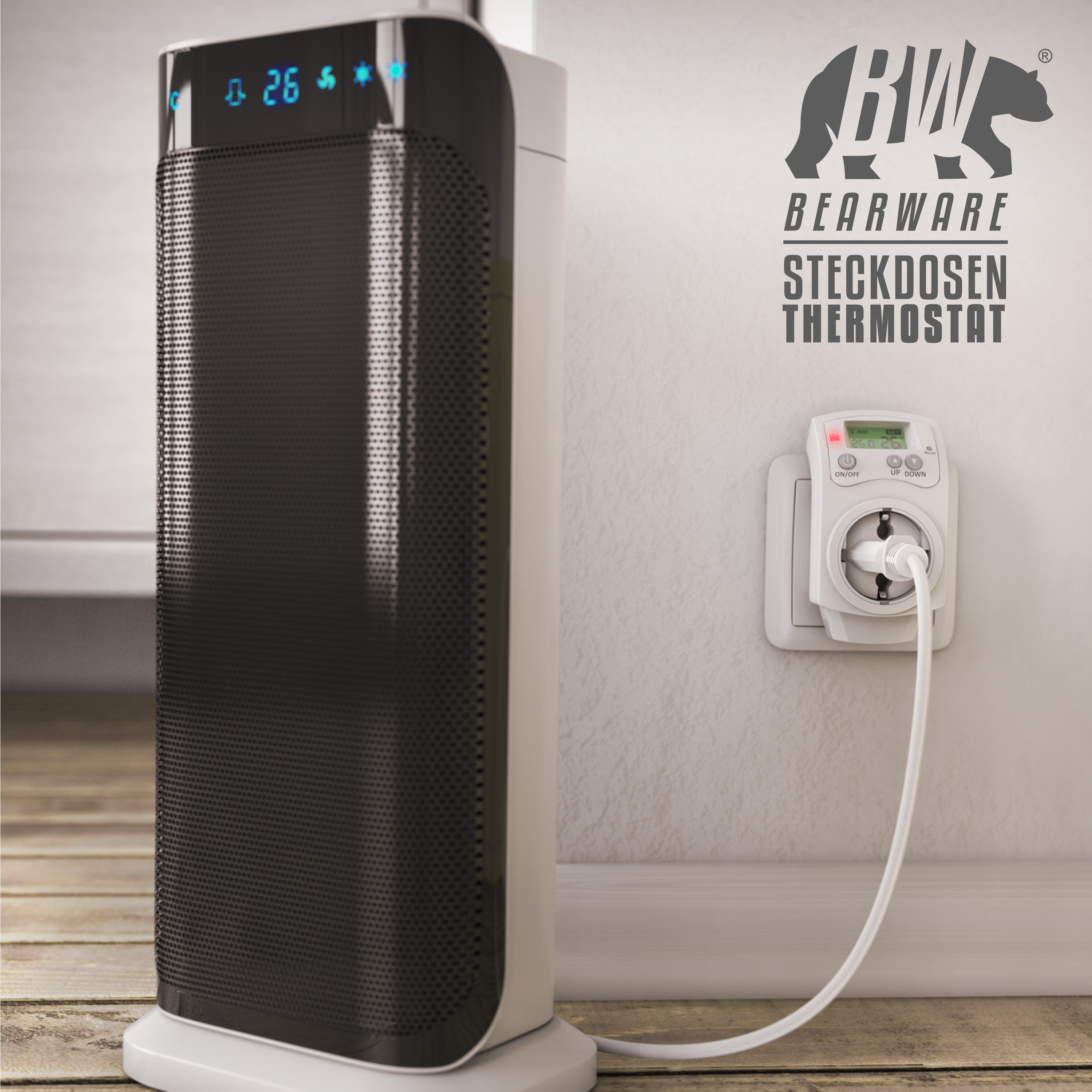 BEARWARE Steckdosen-Thermostat, max. 3680 W, 2-St., programmierbar von 5°-30°C LCD Display mit Statusanzeige