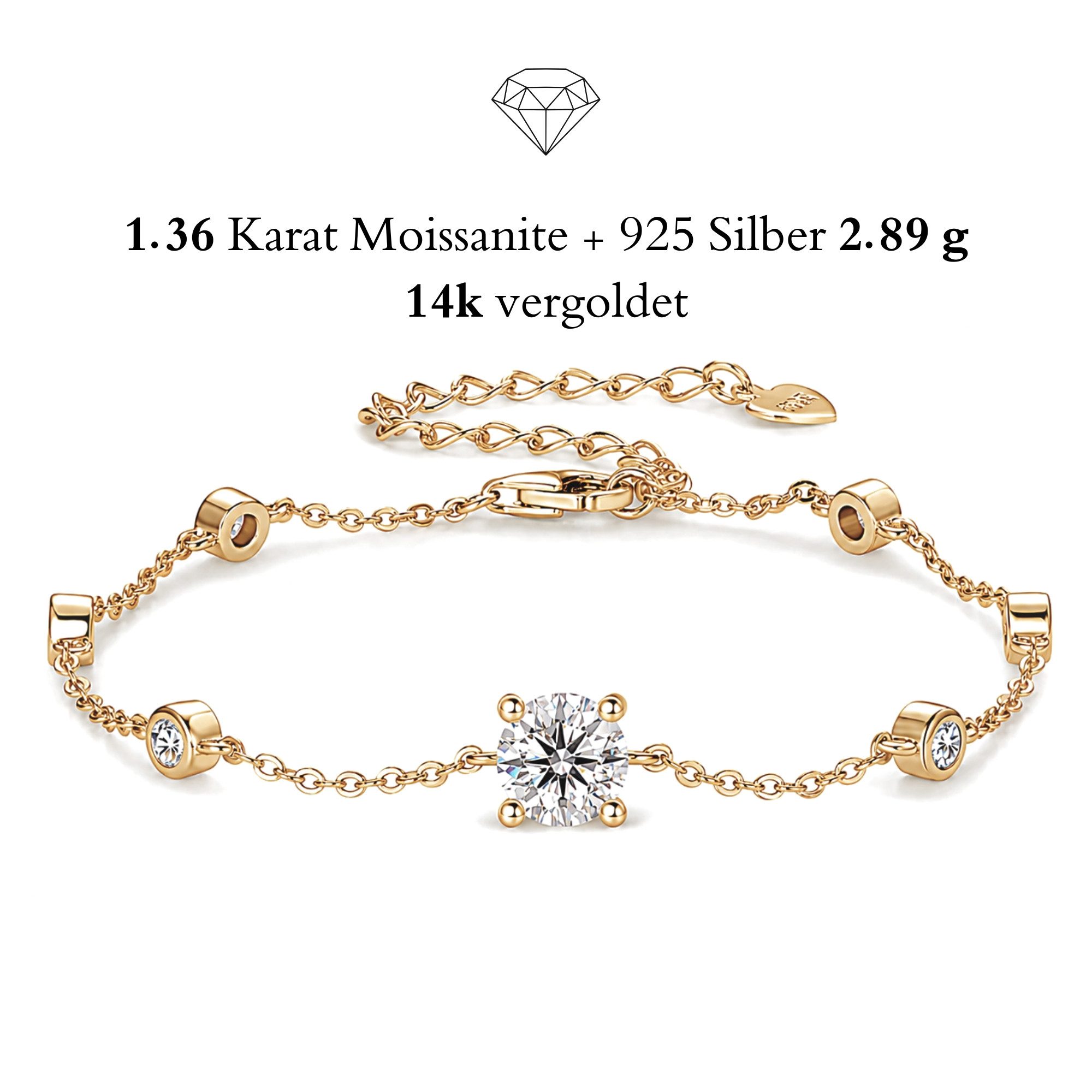 UNIQAL.de Silberarmband Damen 925 Sterling Silber mit Diamant Moissanit 1,36 Karat – SOLITAIRE (Silberarmband mit 7 Moissanit Steinen in klassischer Diamantoptik, zentraler Solitär 6,5 mm und 6 Begleitsteine, 925 Sterling Silber weißgold oder 14K gold veredelt, inkl. Luxuriöse Schmuck Geschenkbox), Moissanit VVS1 Reinheit, GRA-Zertifikat, Armkette Geschenk für Damen
