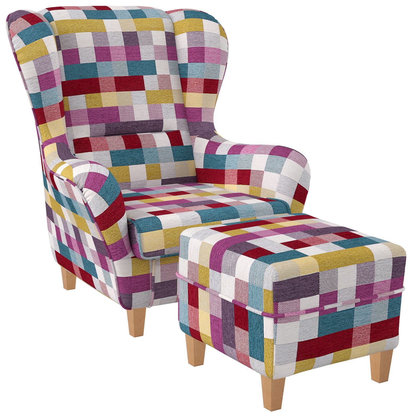 Supellex Ohrensessel Sofia Relaxsessel mit Hocker – Patchwork kariert bunt