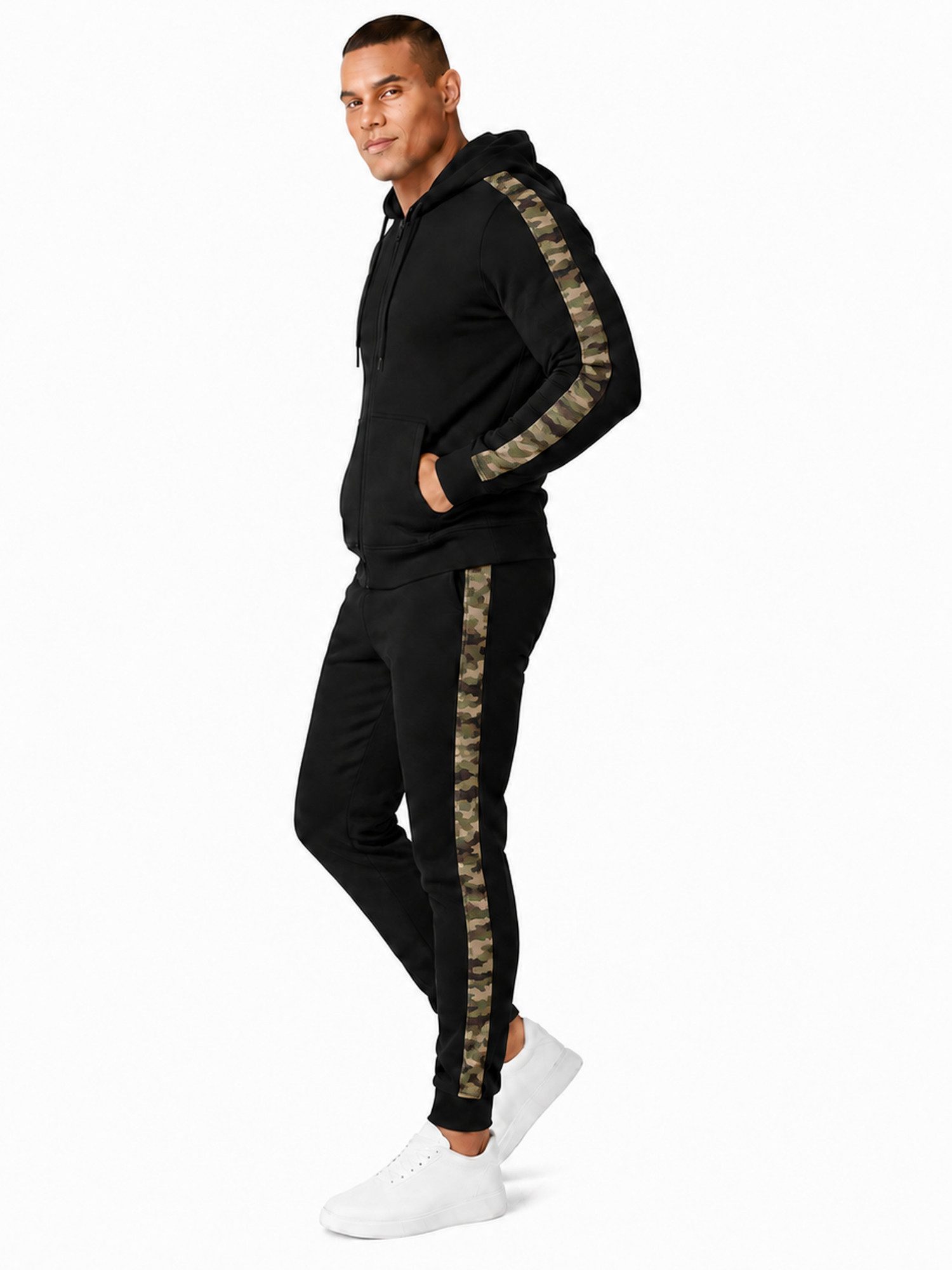 L.gonline Freizeitanzug Herren Jogginganzug zweifarbig sportlich mit Streifen, 526 (Kapuzenjacke mit Reißverschluss, Hose, 2-tlg), Fitness Freizeit Casual