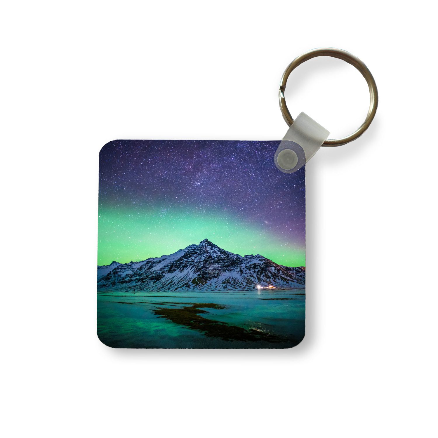 MuchoWow Schlüsselanhänger Berg - Nordlichter - Schweden - Schnee - Grün - Winter, Quadratisch, Accessoire Auto / Haus / Rucksack / Handtasche, 5x5 cm