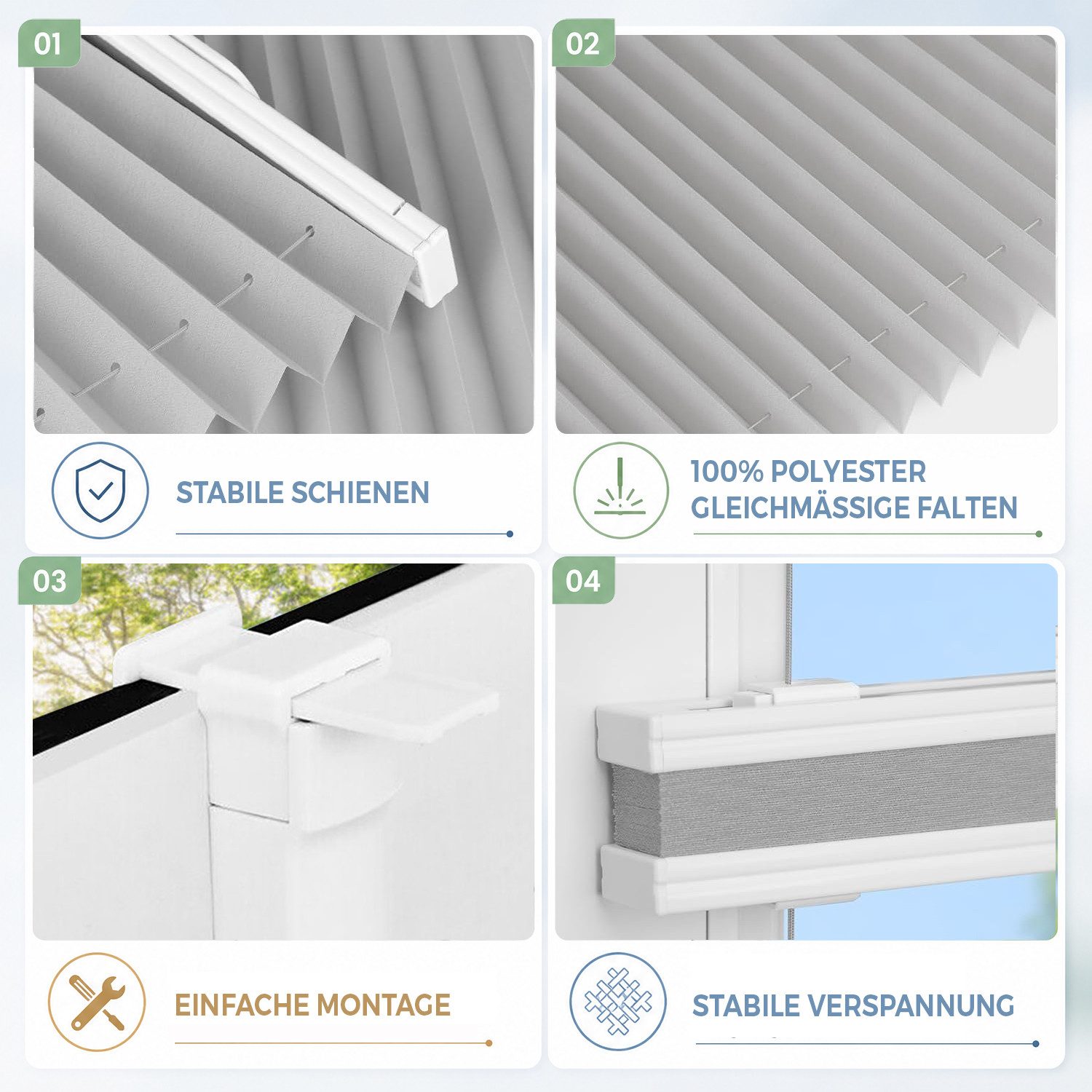 Vkele Plissee ohne Bohren Easy Fix Klemm Faltrollo, verspannt Fenster Rollo, Klemmfix,Klemmträger, Jalousie für Tür & Fenster Sichtschutz Sonnenschutz – Bild 2 von 5