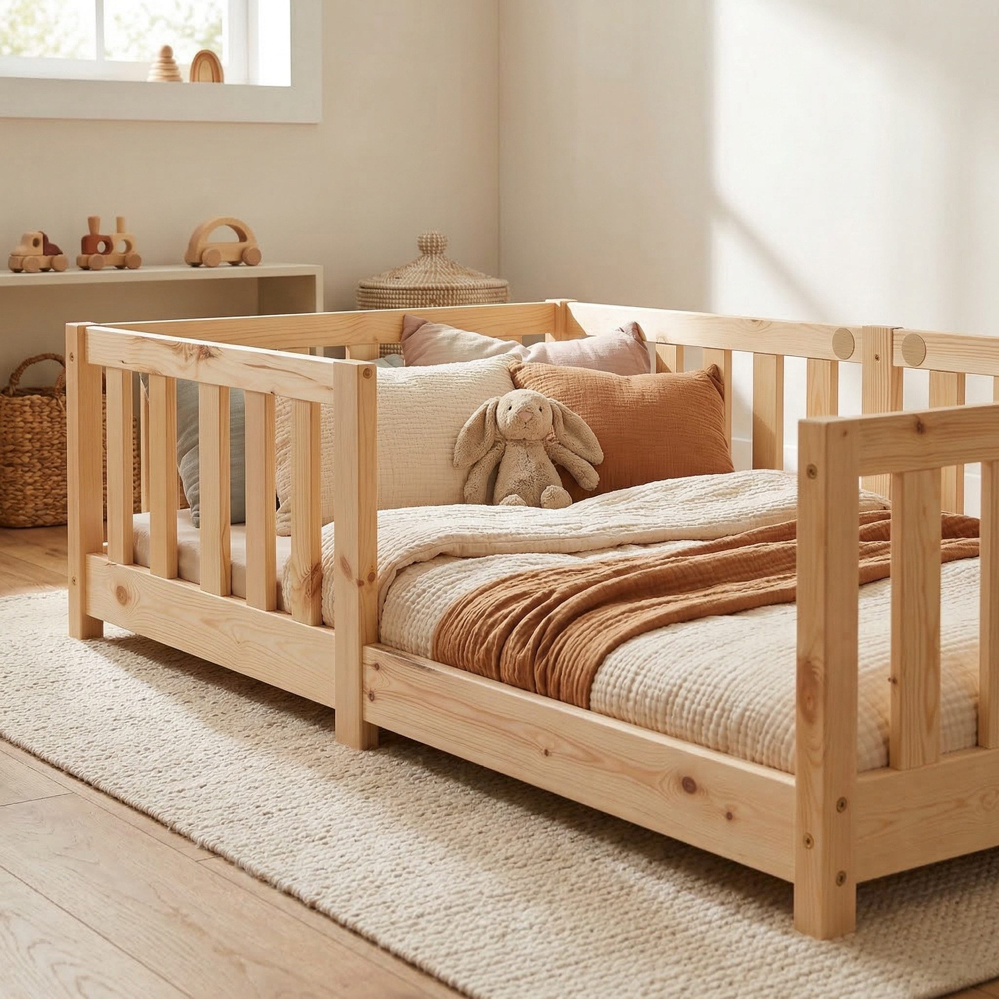 ecoMI Kinderbett mit Rausfallschutz inkl. Lattenrost, 90x200 & 80x160, Weiß & Natur, mit Rausfallschutz inkl. Lattenrost, 90x200 & 80x160, Weiß & Natur