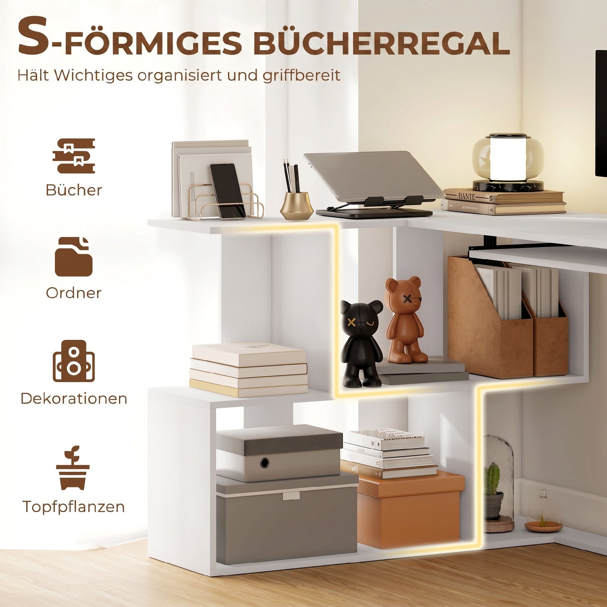 HOMCOM Eckschreibtisch Computertisch für das Home Office (Set, 1-St., 1 Tisch), L-Form, Tastaturauszug, 4 Ablagen – Bild 5 von 5