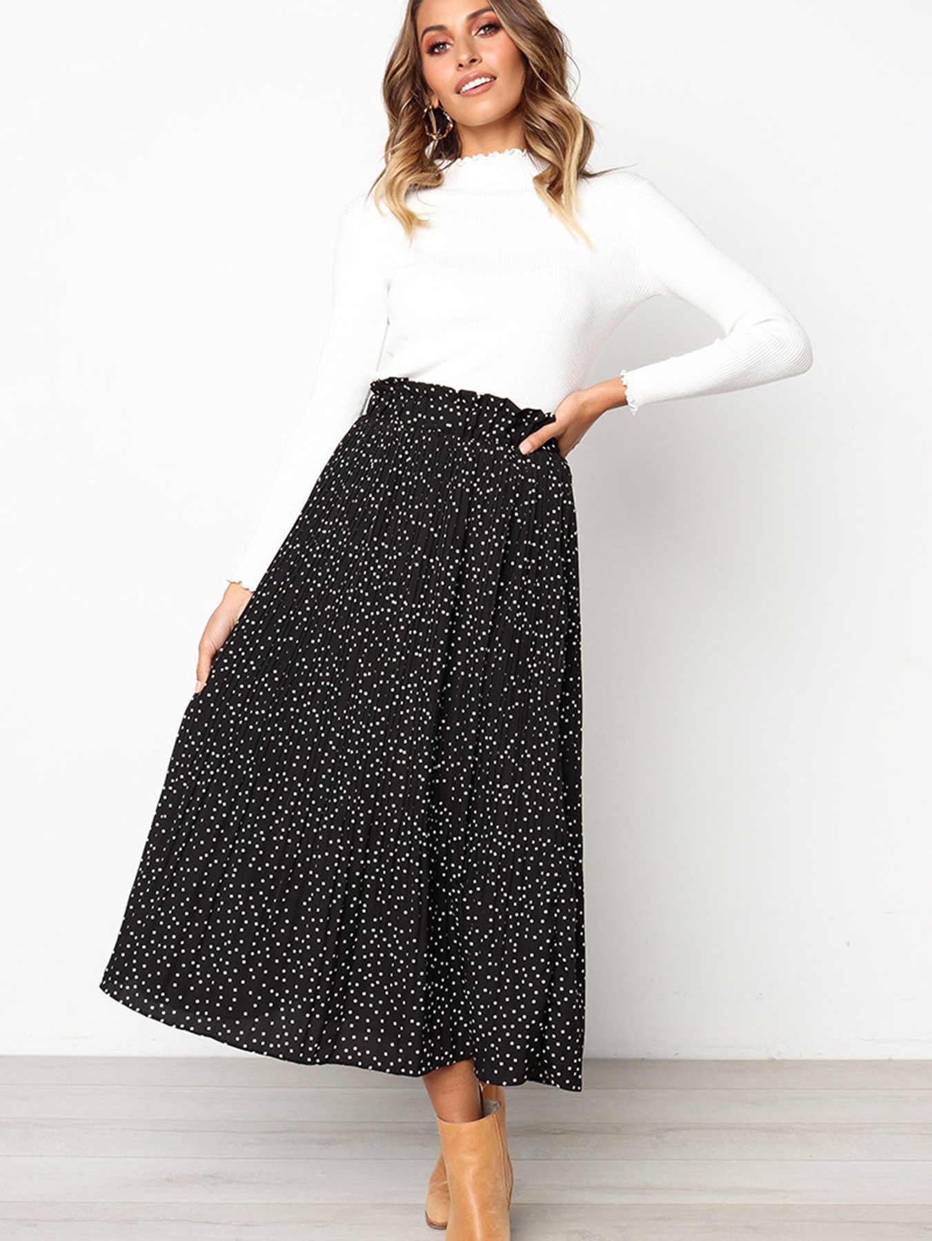 DEBAIJIA Midirock Damen Faltenrock mit hoher Taille Swing A-Linie Strand Maxirock