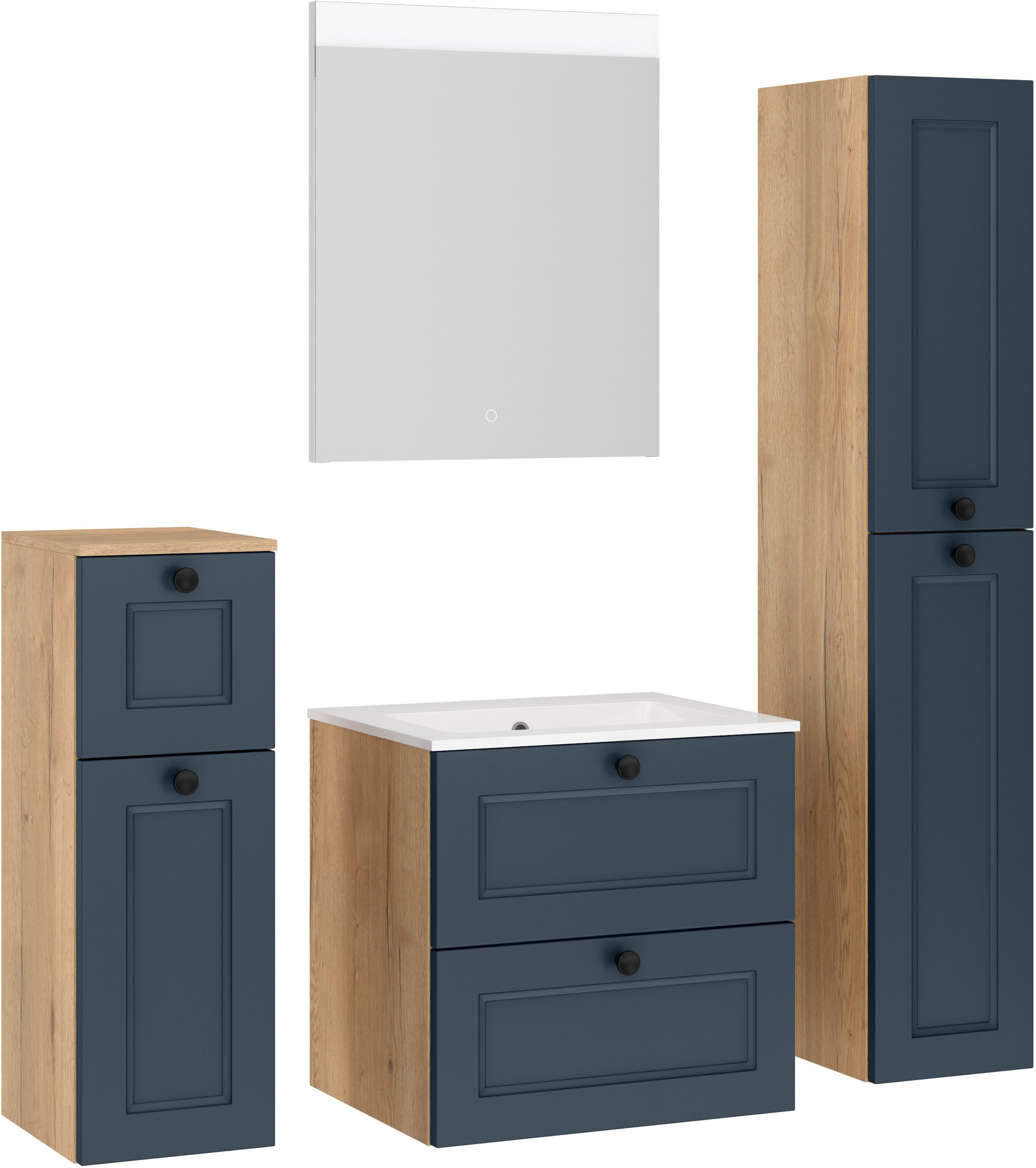 nobilia® Badmöbel-Set Cascada, (Set, 4-St., mit Waschbecken, inkl. beleuchtetem Spiegel mit Touch-Sensor), vormontiert, mit Soft-Close, in vier Breiten