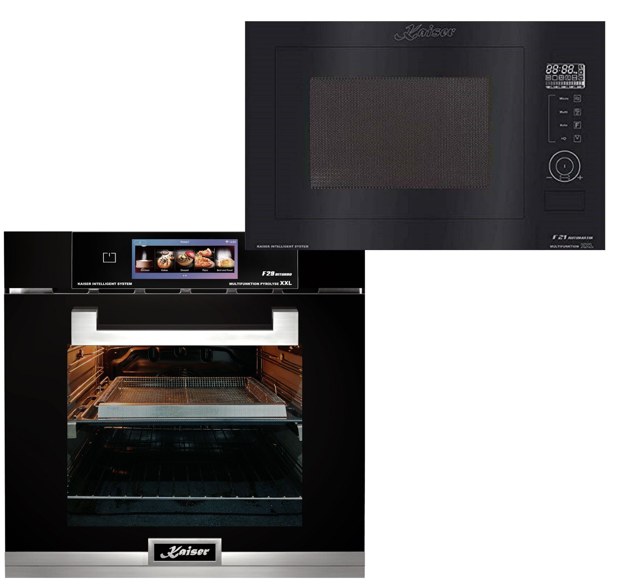 Kaiser Küchengeräte Backofen-Set Einbaubackofen Multifunktions-Elektro-Backofen mit Pyrolyse und Dampfreinigung, TFT Display, 60cm, 86L,Air Fry+Einbau-Mikrowelle, Schwarz Glas, 25L, Heißluft, Grill, 21 Funktionen EH 6344 N+EM 2510, mit 1-fach-Teleskopauszug