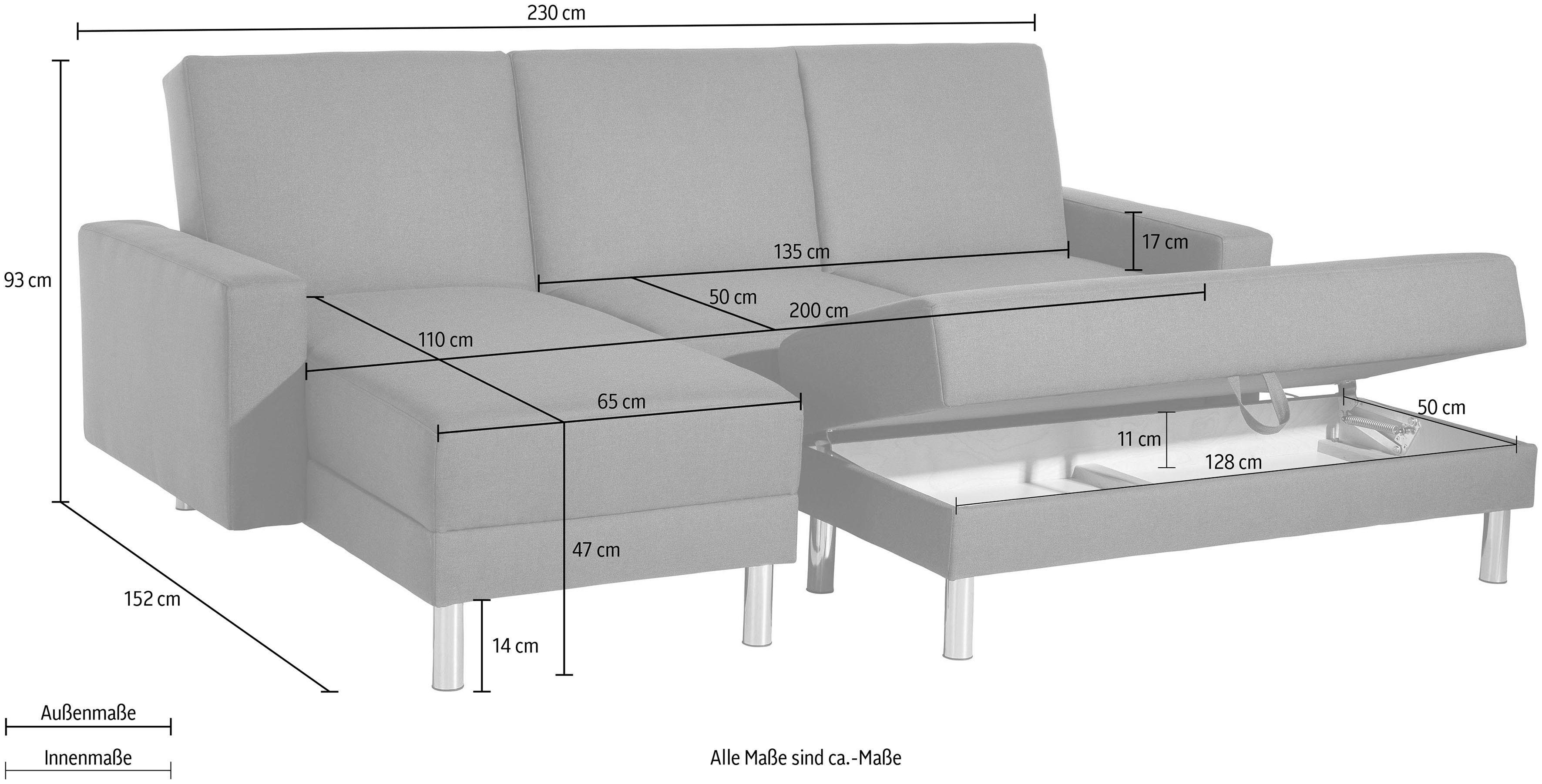 Fresh, Winzer® Max Schlafsofa Just Stauraumhocker Rückenverstellung, mit inklusive