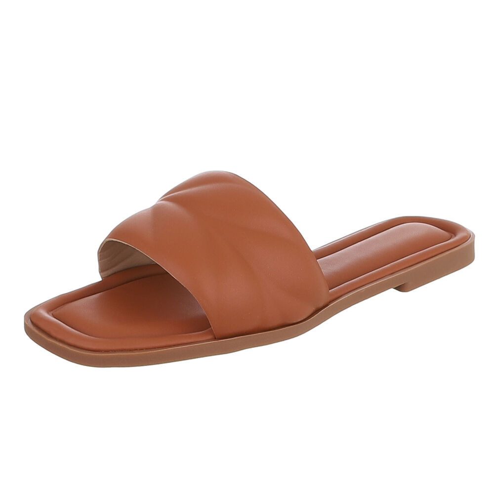 Ital-Design Damen Slipper mit gepolsterter Riemen-Optik Pantolette (91895758) Blockabsatz Pantoletten in Camel