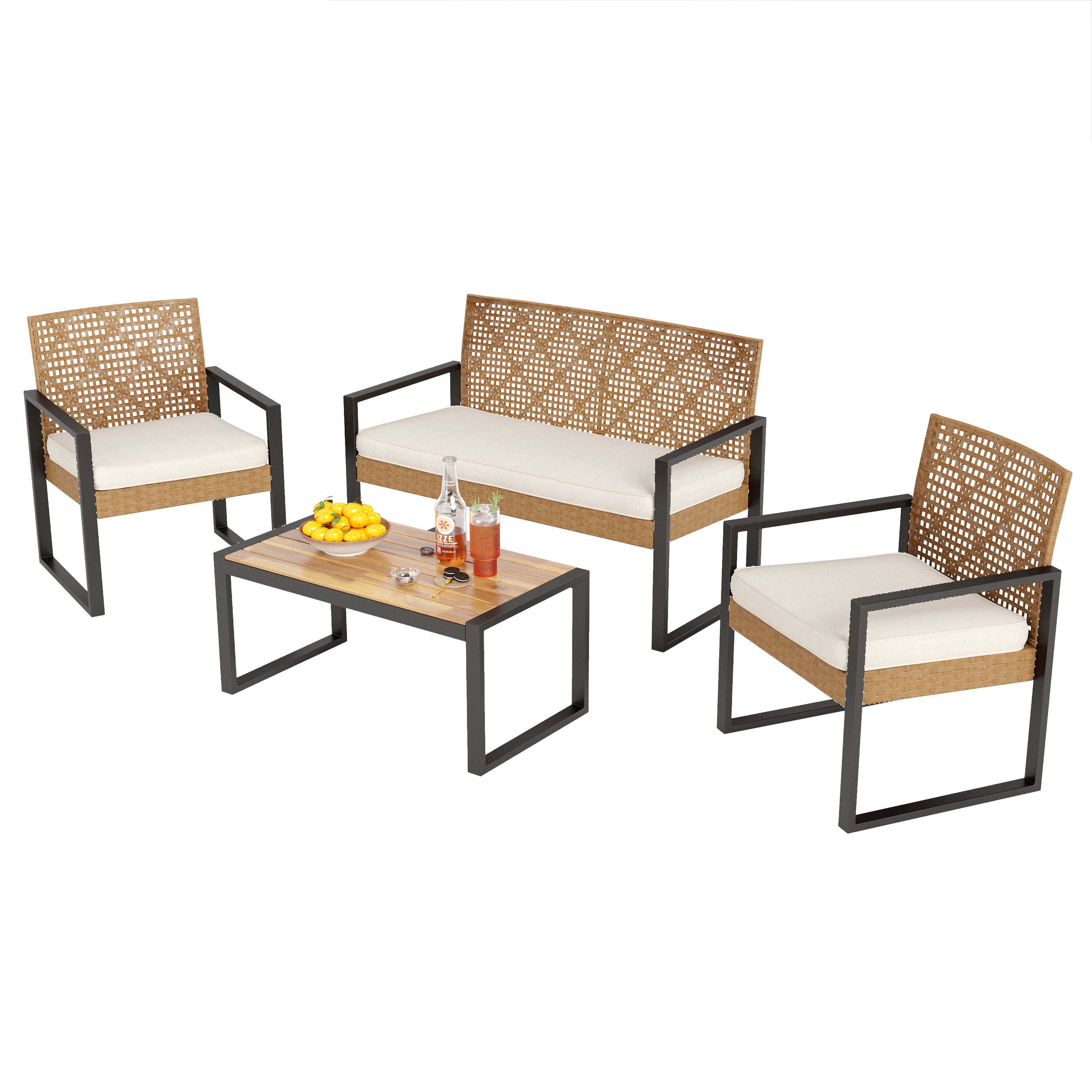 PHI VILLA Gartenlounge-Set, (4 Personen Outdoor Lounge Möbel Gartensofa, mit 1 x 2-Sitzer Sofa, 2 x Sessel und 1 x Tisch), Gartenmöbel Balkonmöbel Set