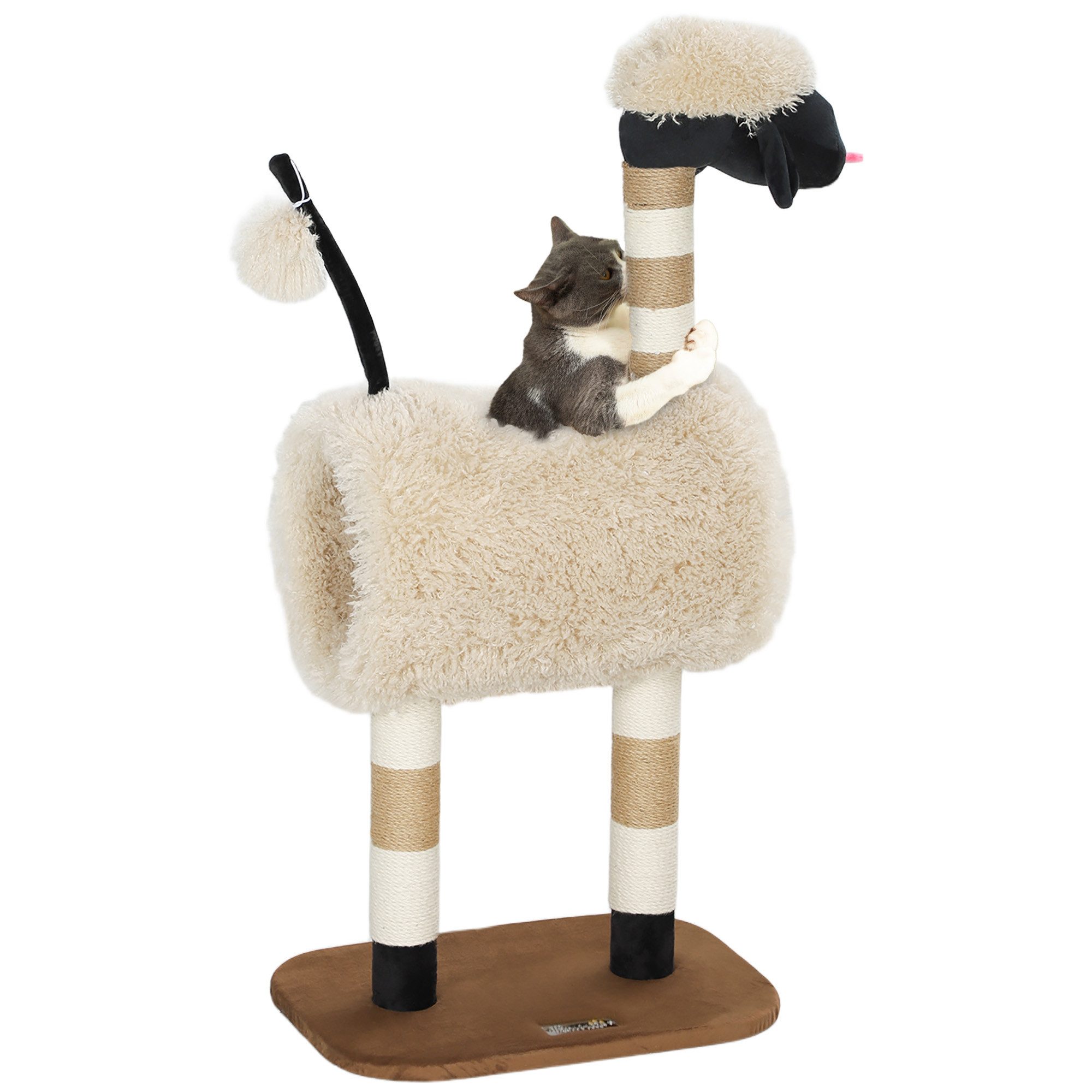PawHut Kratzbaum 98 cm Katzenbaum im Schaf-Design, mit Kratzpfosten, Tunnel, Spielball, für Katzen bis 5 kg, Hellbraun