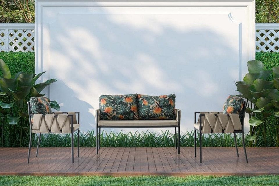 JVmoebel Gartenlounge-Set Grüne Sitzgruppe aus wetterbeständigem Material für den Garten, (3-tlg., Set 3tlg (Sofa + 2x Sessel), Made in Europa