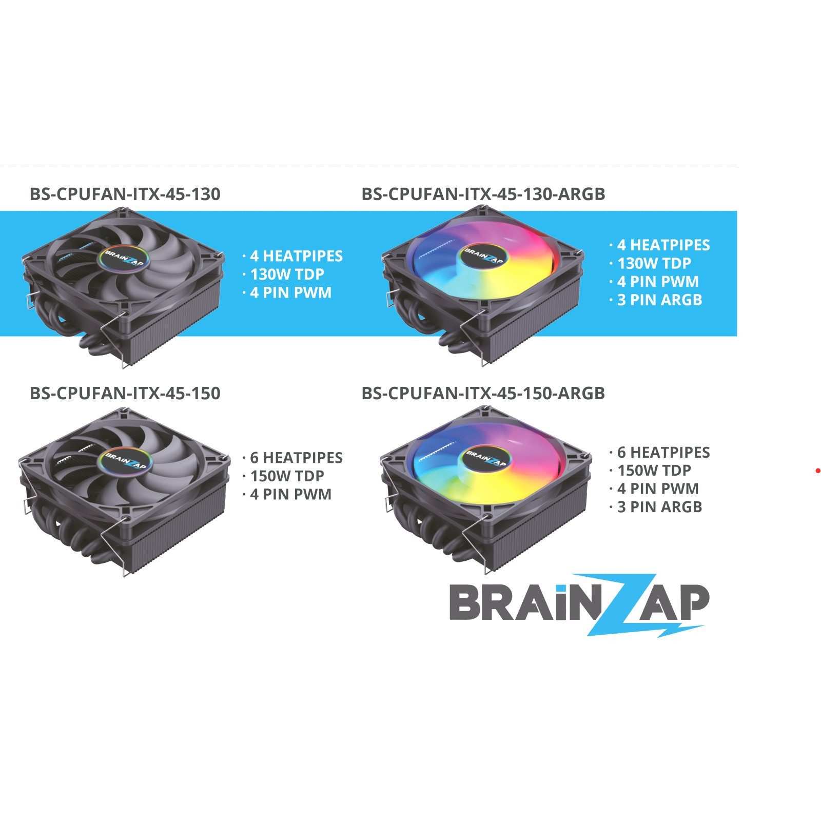 BRAINZAP CPU Kühler 45mm A-RGB CPU-Kühler 130W TDP, Luftkühlung, RGB-Beleuchtung, 130W TDP, 45mm Lüfter, PWM, Aluminium
