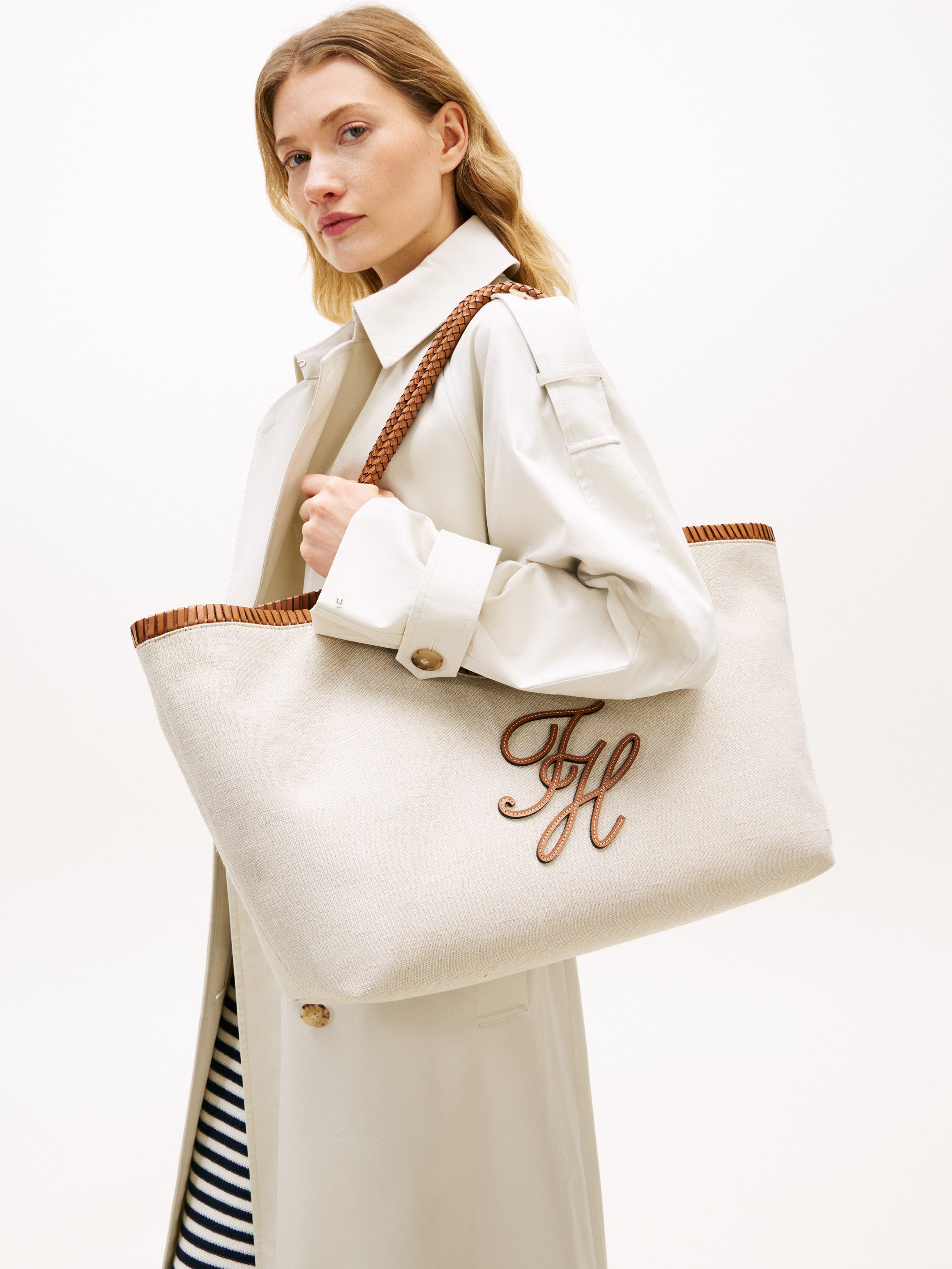 Tommy Hilfiger Tragetasche TH ELEV SUMM MAXI TOTE CANVAS, Damen Schultertasche, Henkeltasche mit kontrastiven Schulterriemen
