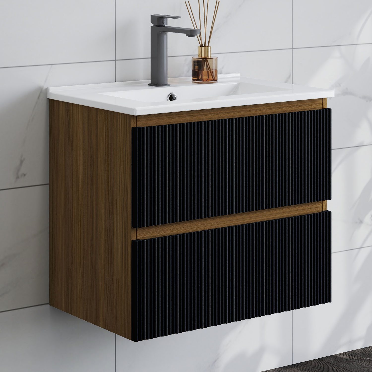 duschspa Waschtisch Waschbecken mit Unterschrank Badmöbel Set Hängeschrank, Weiß/Schwarz/Eiche/Nussbaum/Dunklegrau, 50-120 cm