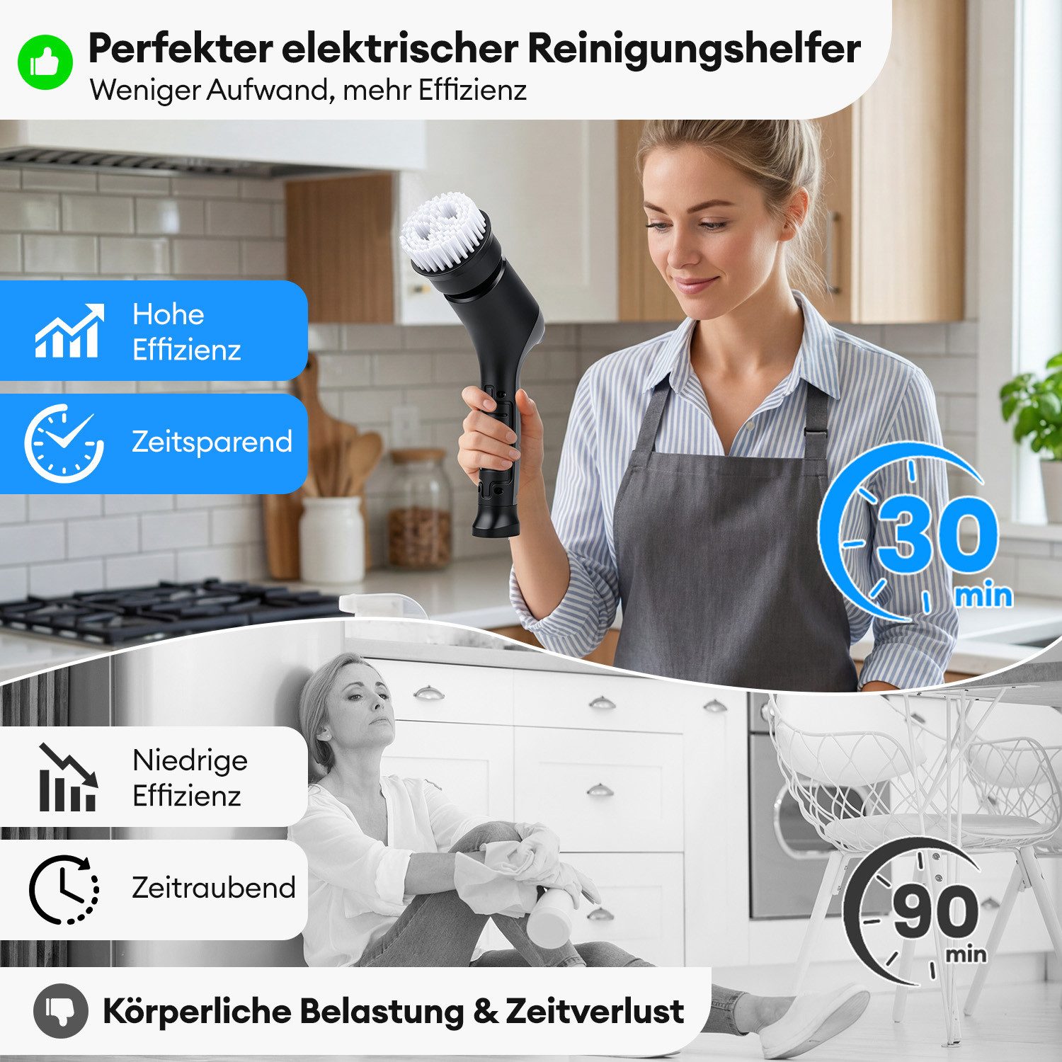 CkeyiN Akku-Oberflächenbürste Elektrische Reinigungsbürste mit 3 Geschwindigkeiten 6 Aufsätzen, 6 cm Bürstendurchmesser, max. 380 U/min, für Fliesen, Boden, Gla – Bild 5 von 5