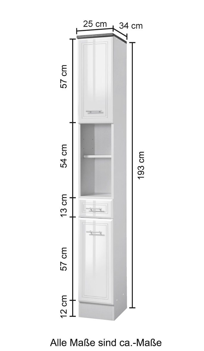 Hochschrank Hochglanzfronten Fräsung weiß, eleganter Breite cm, mit MÖBEL und Neapel HELD grau 25