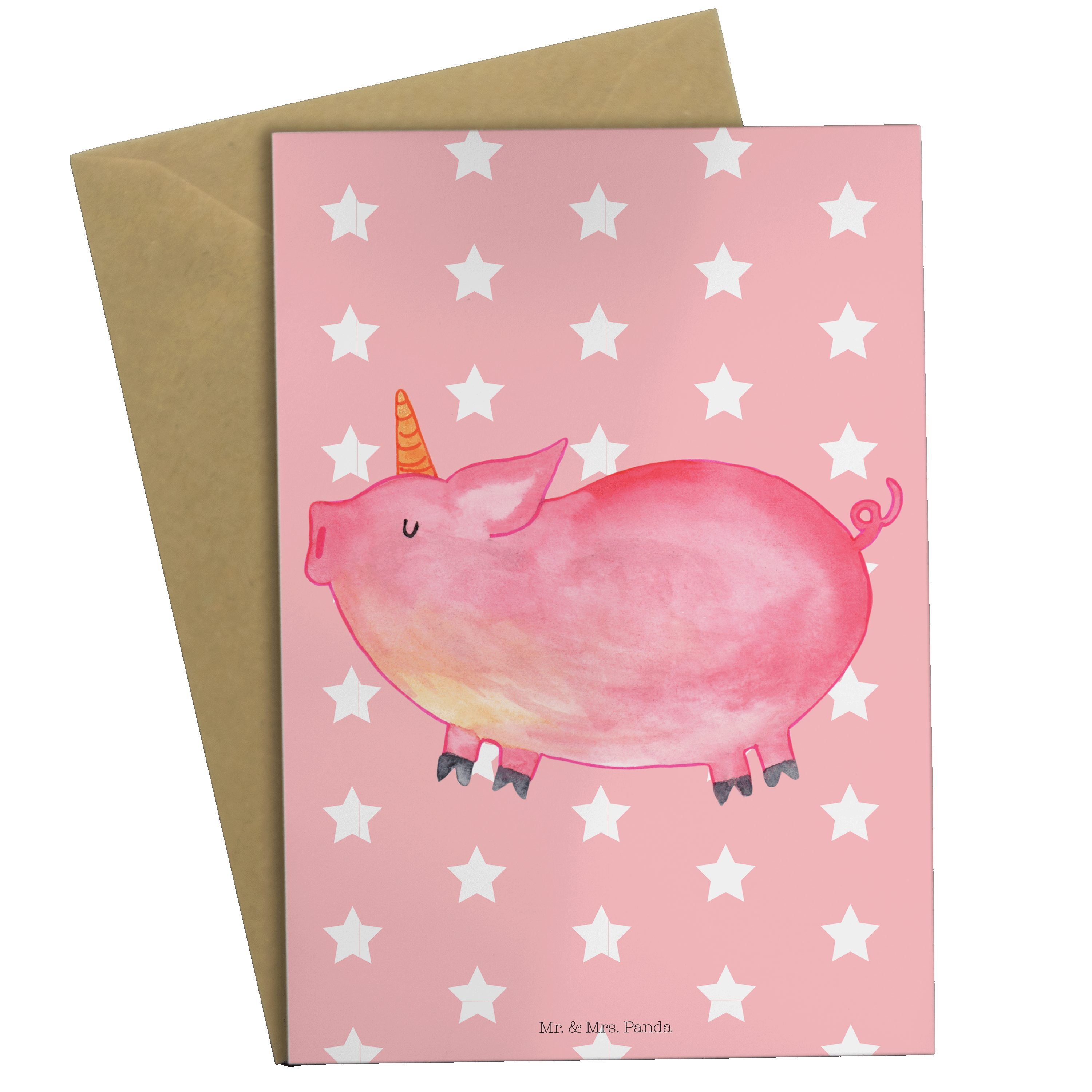 Mr. & Mrs. Panda Grußkarte Einhorn Schweinhorn - Rot Pastell - Geschenk, Einladungskarte, Einhor