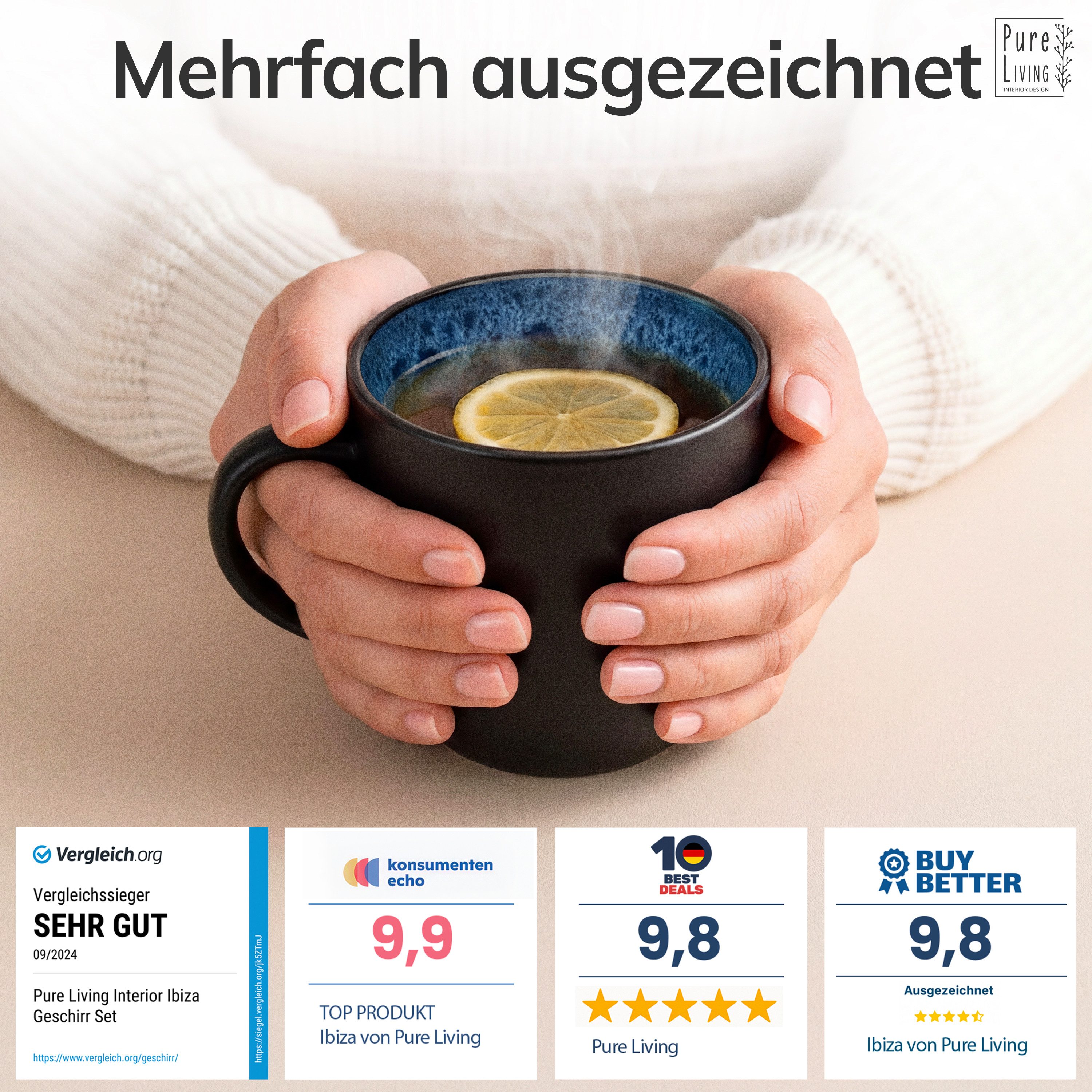 PURE LIVING INTERIOR DESIGN Geschirr-Set Ibiza Becher, 6er-Set, 435 ml, Tiefblau, Steingut (6-tlg), 6 Personen, Steingut – Bild 3 von 5