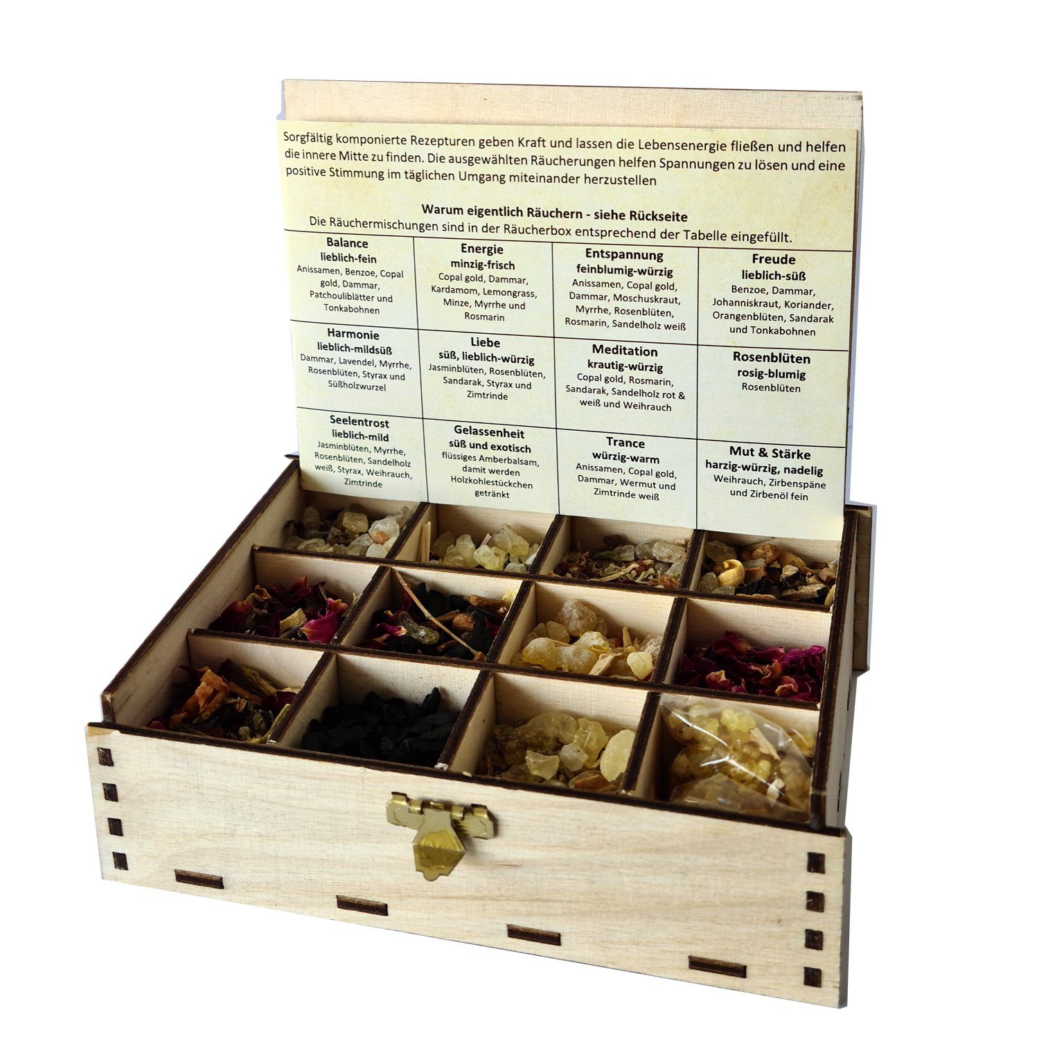 Heilkräuter Manufaktur Räucherstäbchen Räucherbox Geschenkbox mit 12 Sorten Räuchermischungen 14 x 10 x 4 cm