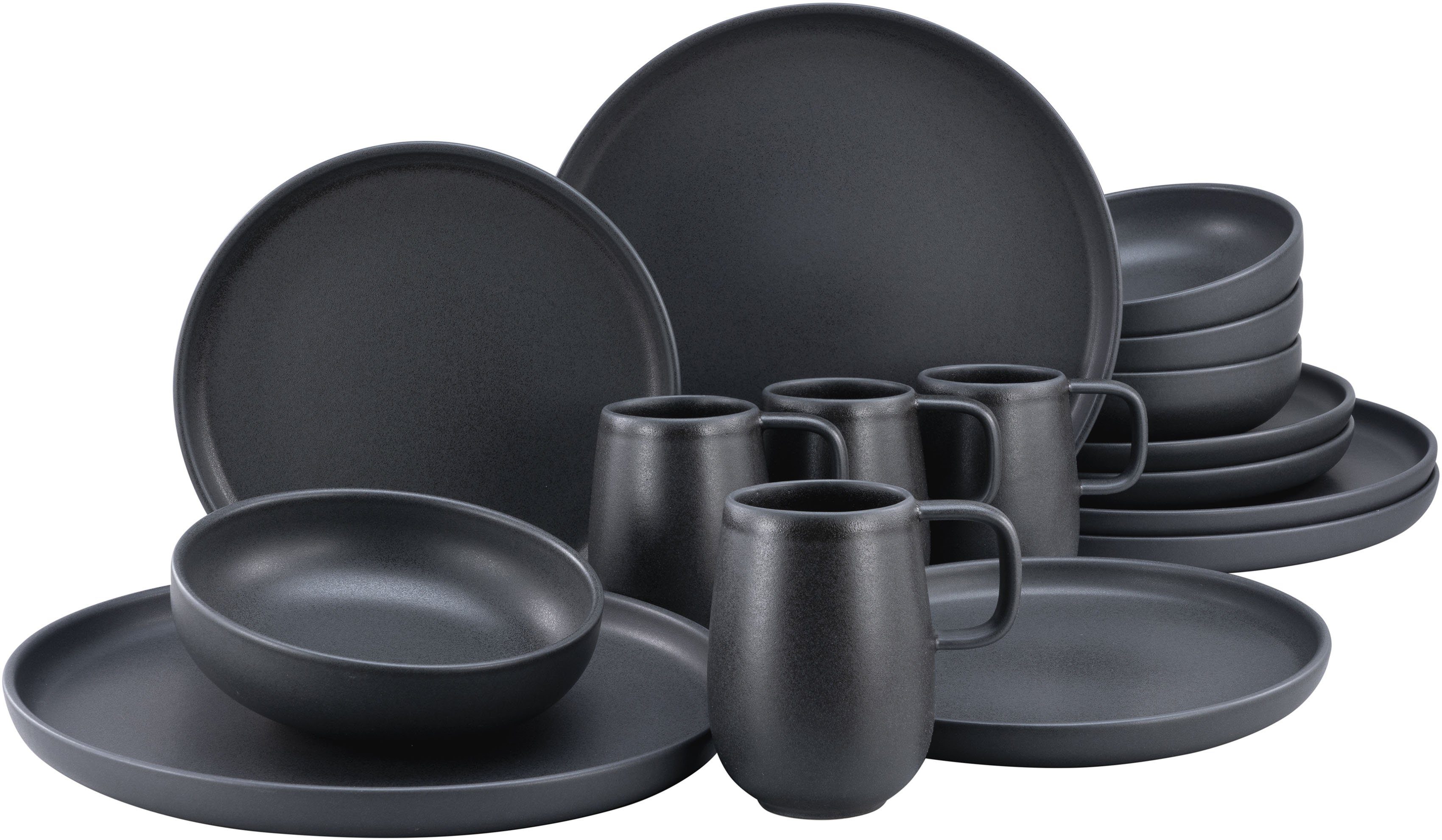 CreaTable Kombiservice Geschirr-Set Uno Black (16-tlg), 4 Personen, Steinzeug, Service, schwarz, seidenmatte Spezialglasur, M16 Teile, für 4 Personen | Kombiservice