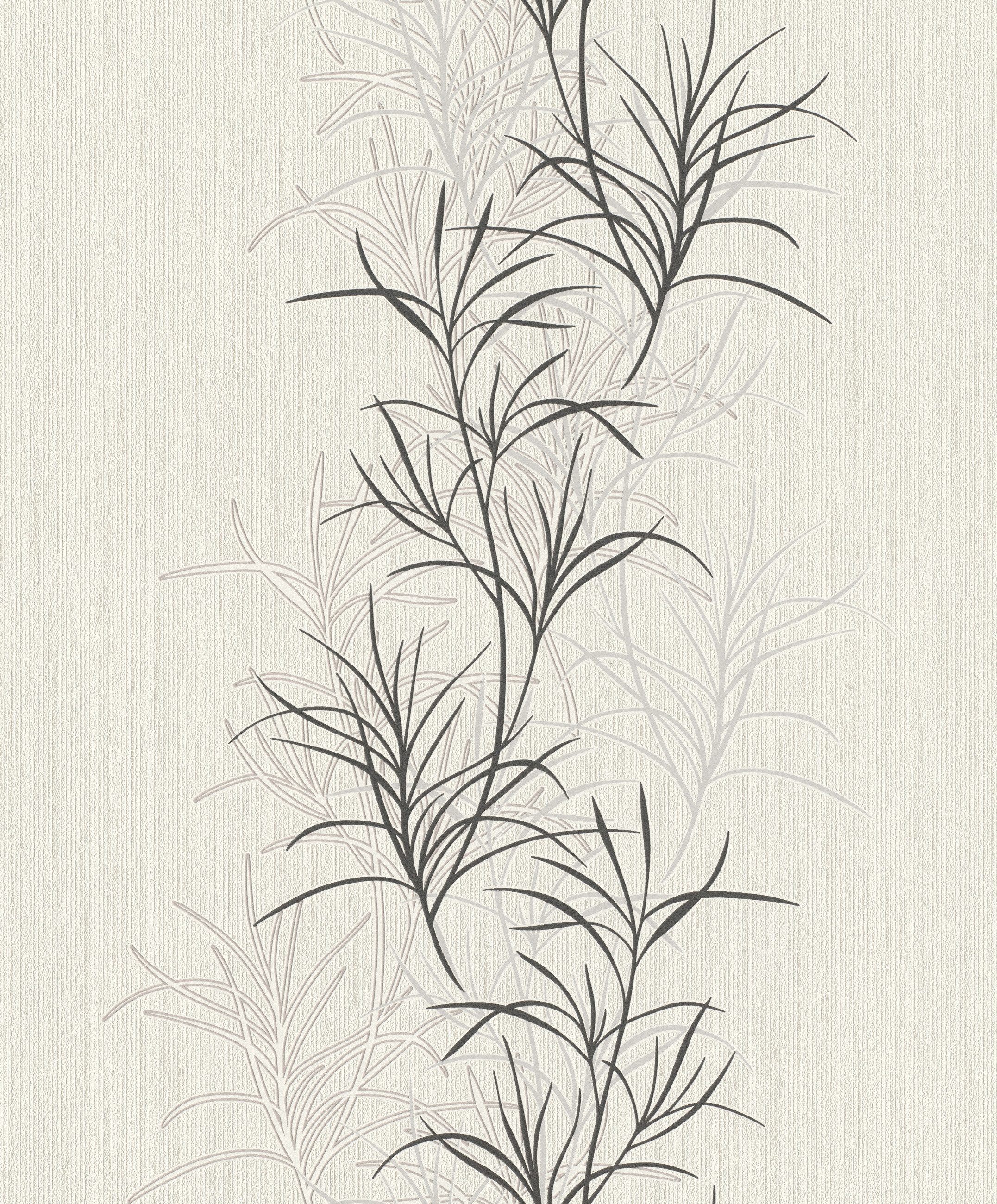 Rasch Vliestapete Botanisches Muster - Vliestapete Weiß Beige Creme Grau Schwarz Braun, Floral, (1 Rolle, 1 St., 10,05 m x 0,53 m), gute Lichtbeständigkeit, feucht abwischbar, restlos abziehbar