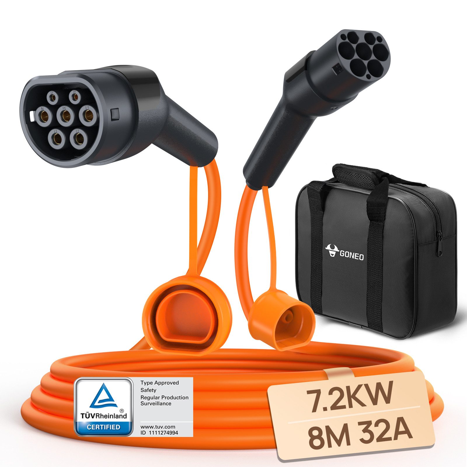 GONEO Typ 2 Ladekabel 7kW/11kW/22kW - Autoladekabel, Elektroauto-Ladekabel, (800 cm), Typ 2 auf Typ 2 EV Ladekabel mit Tragetasche