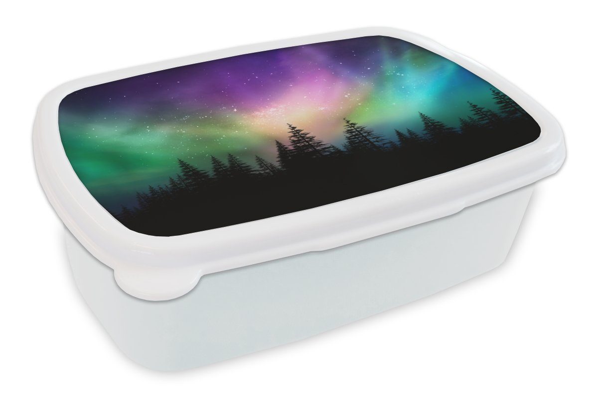 MuchoWow Lunchbox Nordlicht - Sternenhimmel - Wald - Kanada, Kunststoff, (2-tlg), Brotbox für Kinder und Erwachsene, Brotdose, für Jungs und Mädchen weiß