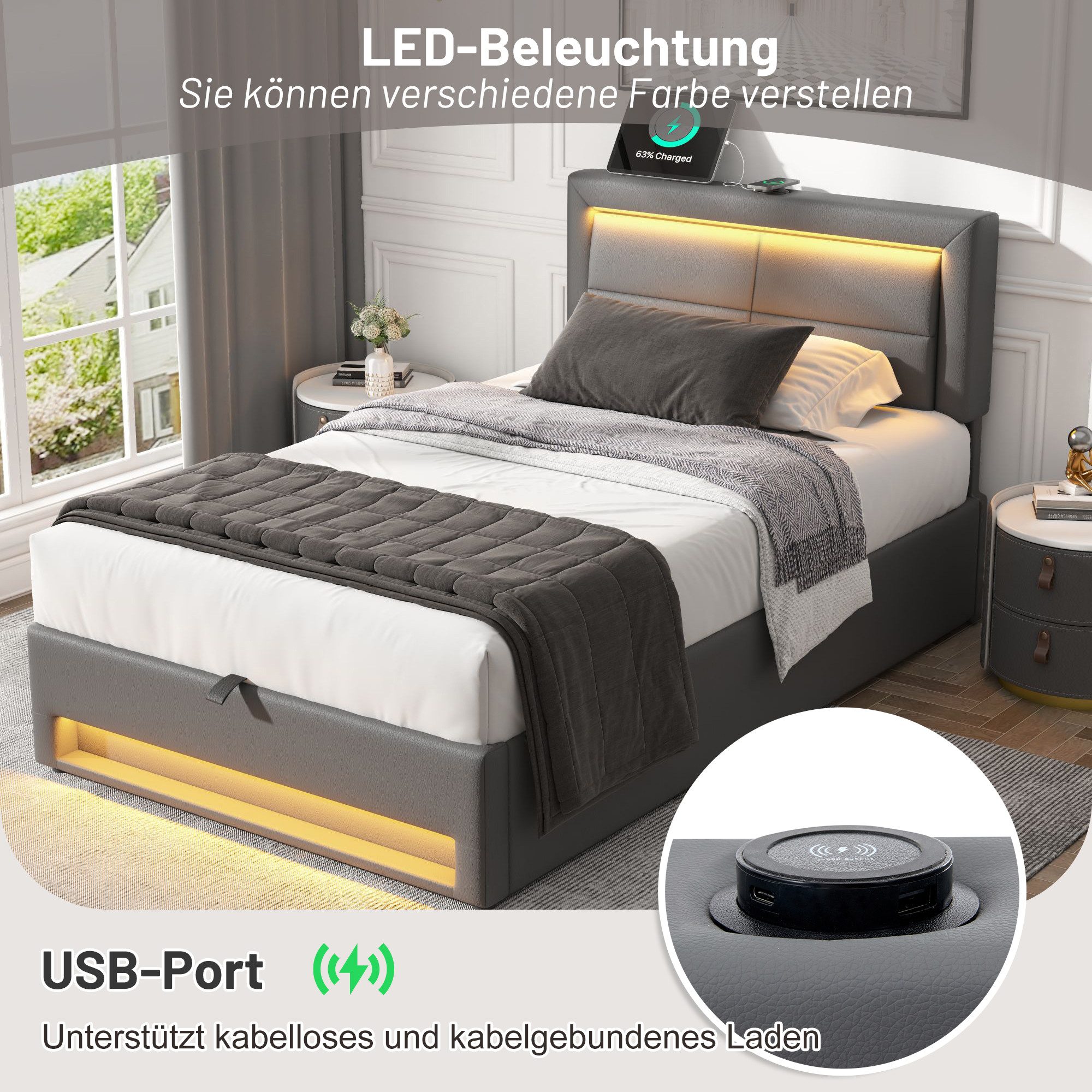 Flieks Polsterbett, LED Einzelbett 90x200cm mit USB-Anschluss und hydraulischem Stauraum