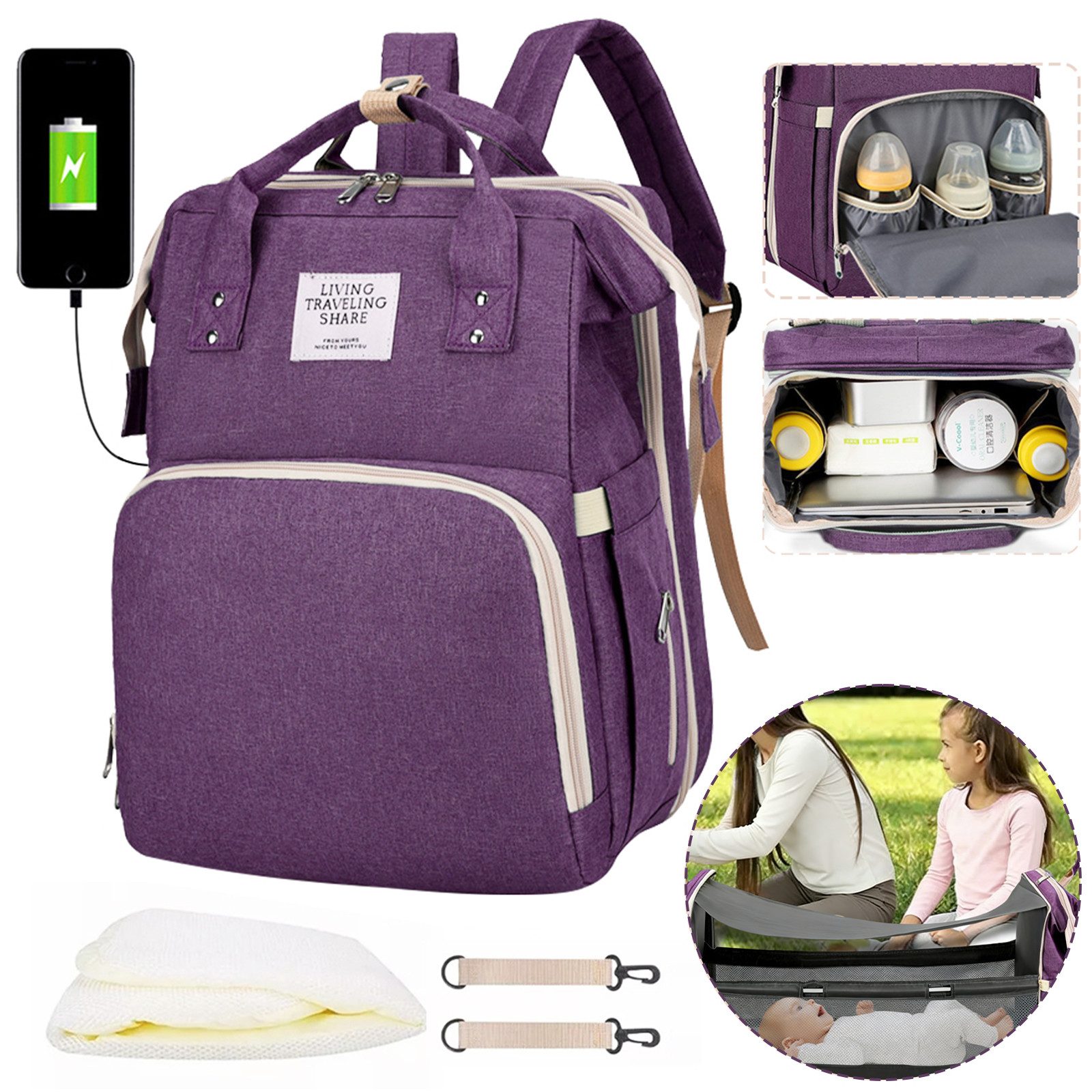 MOPUEA Wickeltasche Wickeltasche mit Tragbarem Reisebett und USB-Ladeanschluss (Mehrere Fächer für Windeln, Flaschen, Kleidung und Babyzubehör), Ausklappbare Wickelfläche für hygienisches Windelwechseln unterwegs.