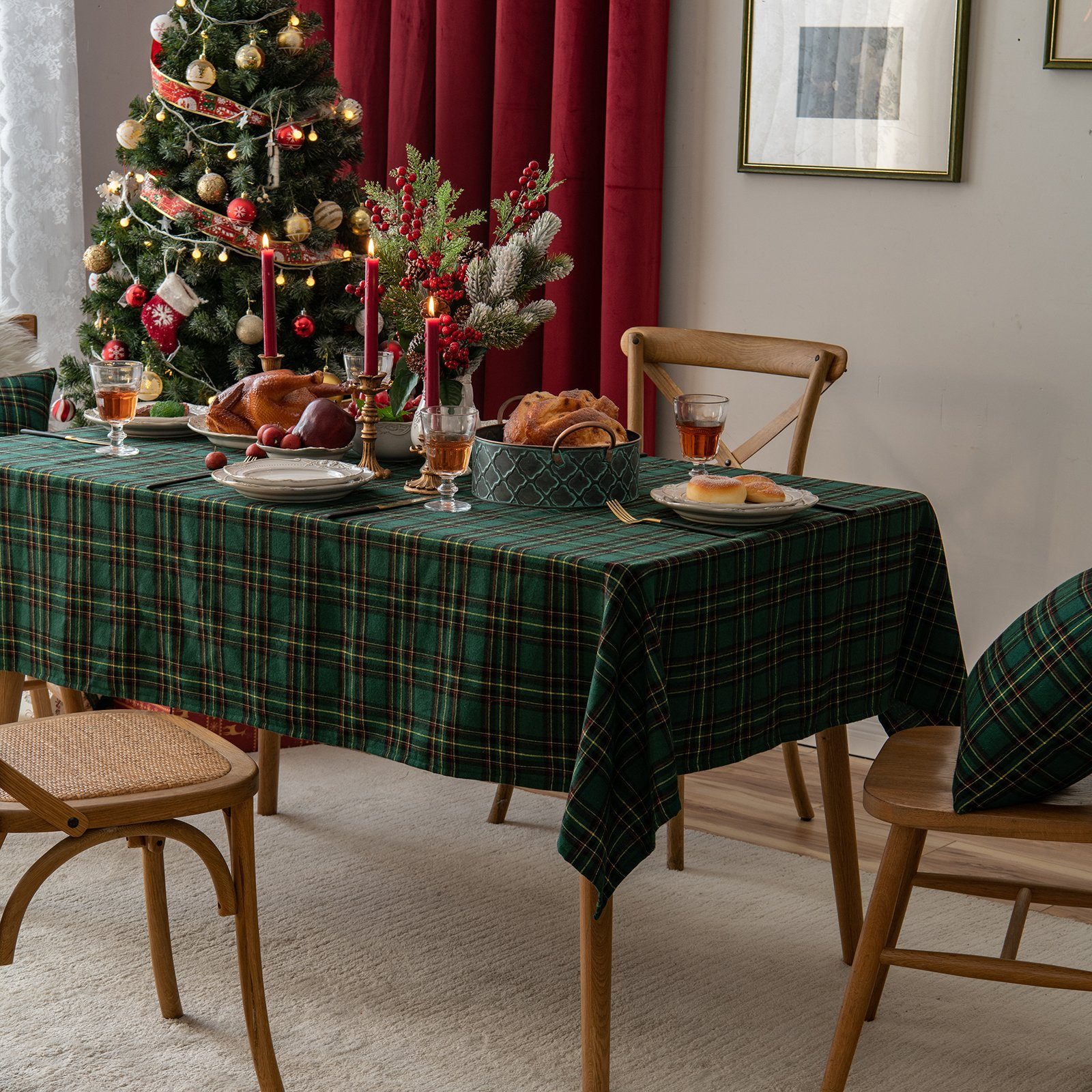 Tischdecke Qelus Grün Tischläufer Tischdecke Weihnachten Karierte Partydekoration