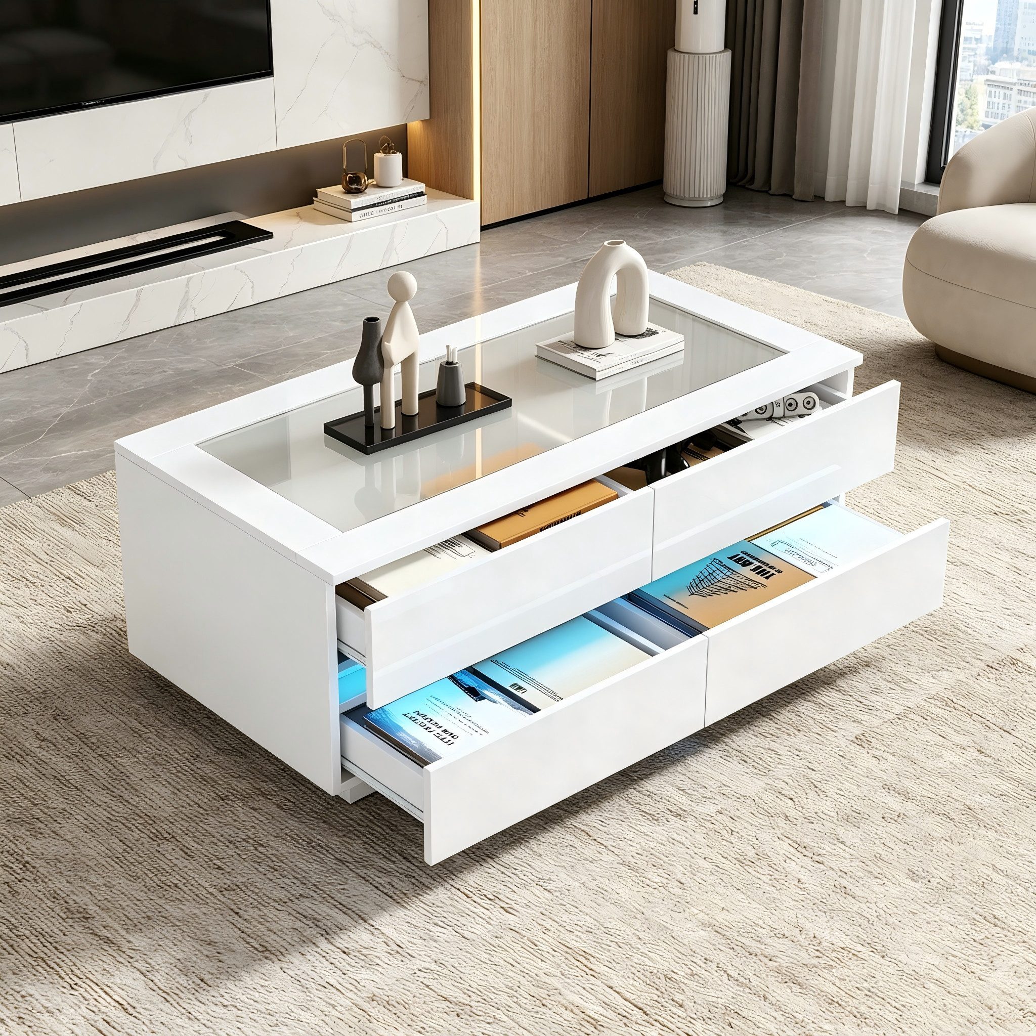 Celya Couchtisch 100x50x40cm, Kaffeetisch mit 4 Schubladen und LED-Beleuchtung (gehärteter Glasplatte und Hochglanz), Spanplatte, max. 35kg Traglast