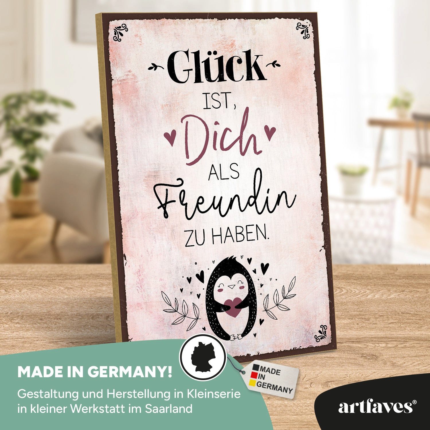 ARTFAVES Holzbild Schild mit Spruch - Glück ist Dich als Freundin zu haben - Freundschaf