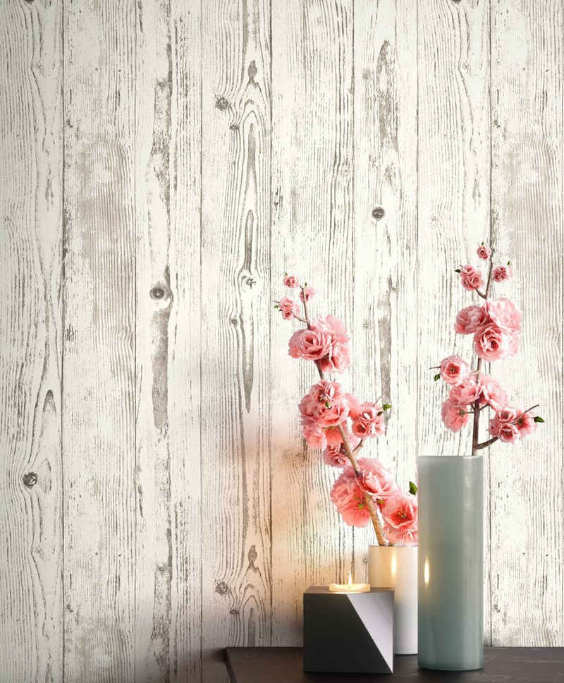 Newroom Vliestapete, Weiß Tapete Modern Holz - Brett Grau Creme Holztapete Holzwand Naturholz Rustikal Landhaus für Wohnzimmer Schlafzimmer Küche