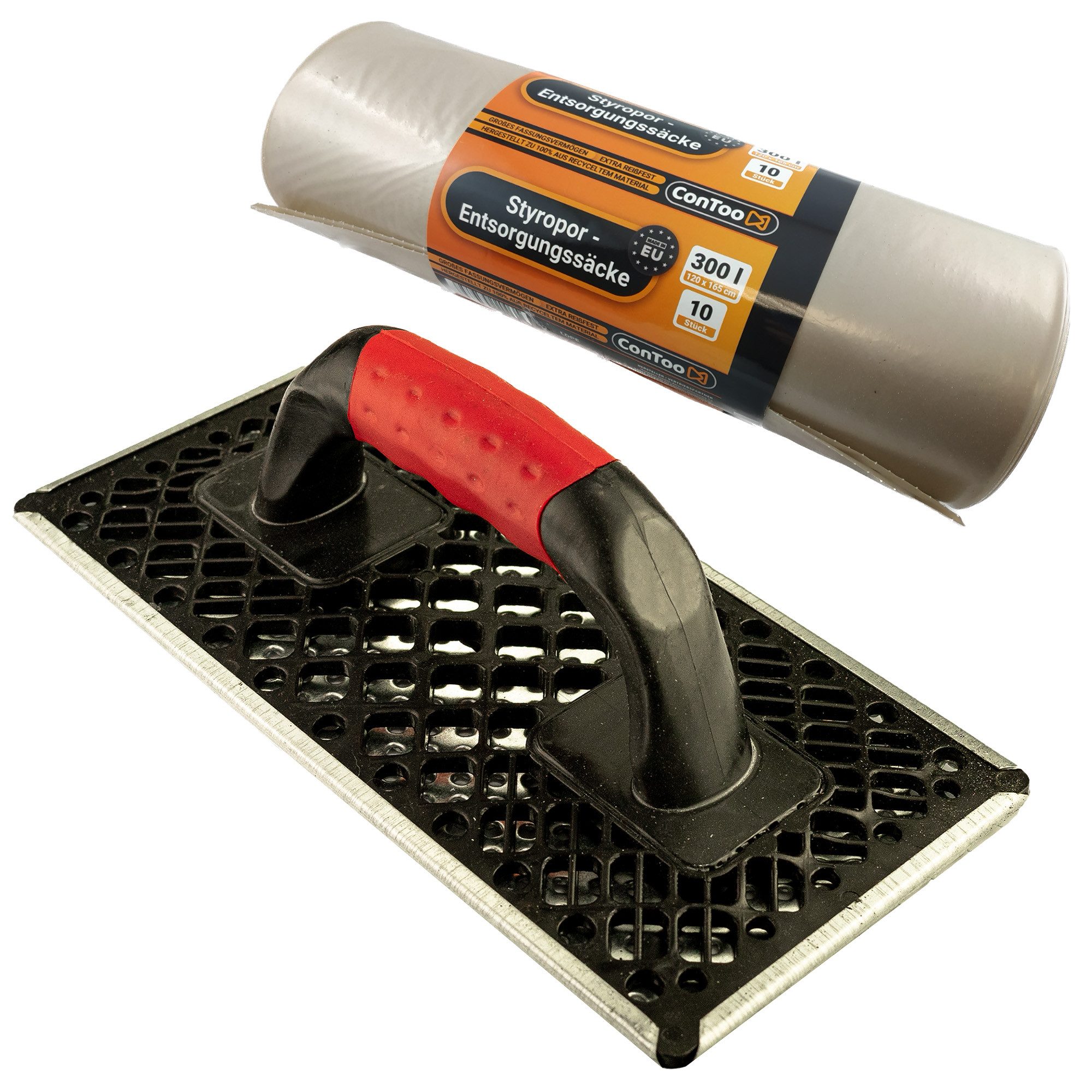 ConToo Multifunktionsspachtel WDVS Schleifbrett Raspel 270mm+Styropor-Abfallsäcke 10x300L