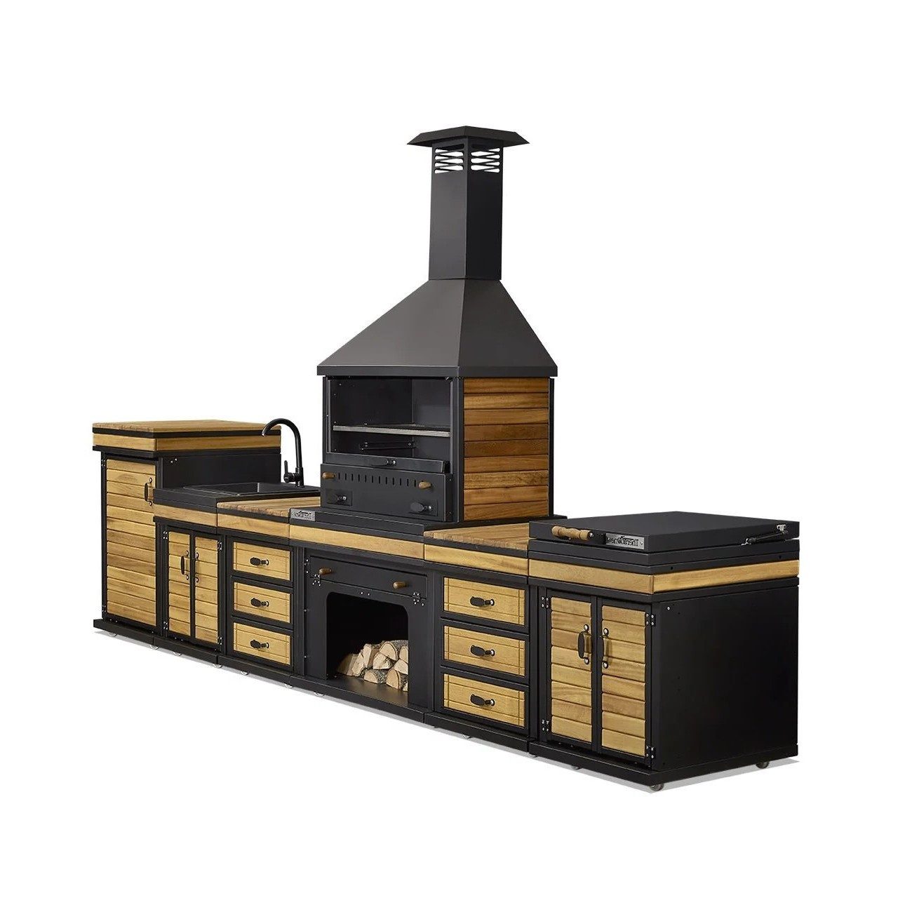 Xlmoebel Outdoor-Küche XLMOEBEL Außenküche in Schwarz aus Holz und Edelstahl, Made in Europa