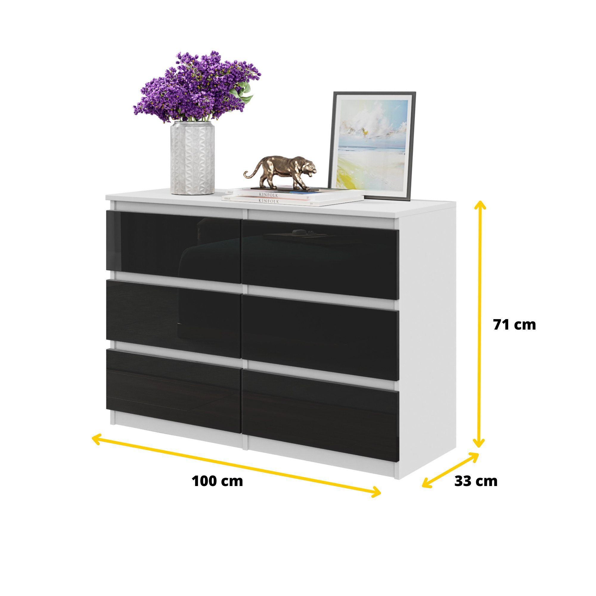 Furnica Kommode GABRIEL 6 Schubladen - Weiß Matt H70cm B100cm T33cm