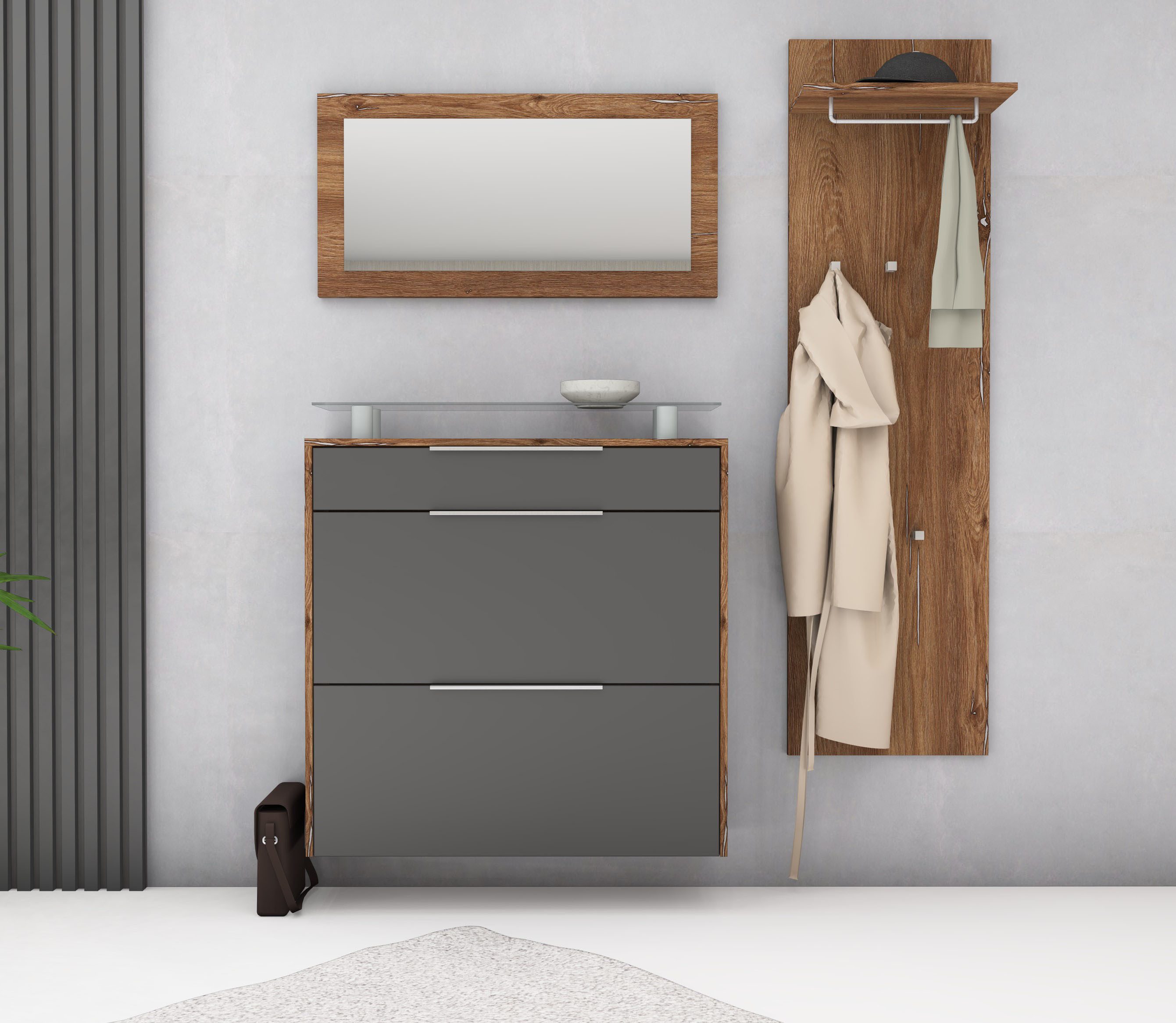 borchardt Möbel Garderoben-Set Oliva, (3-tlg), mit hängendem Schuhschrank, Paneel und Spiegel