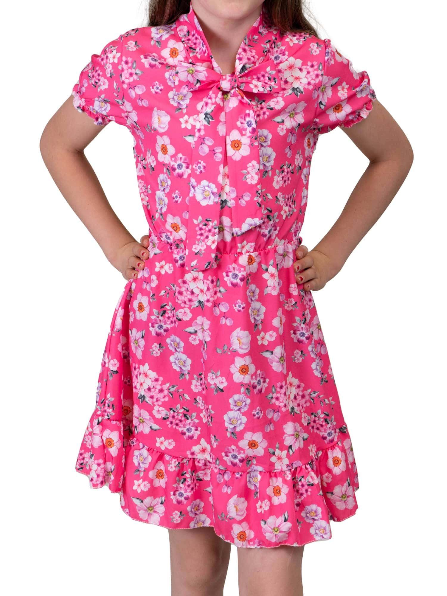 KMISSO Sommerkleid Mädchen Kleid kurze Ärmel Voant Stehkragen 30381 (1-tlg) bequem zu tragen Pink